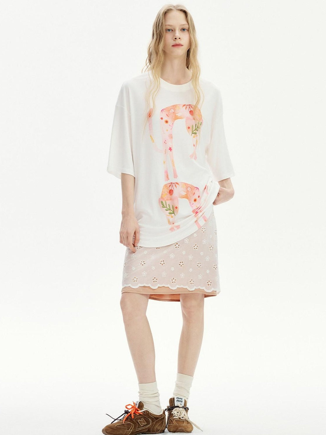 Outthe Blue Soft Tencel Round Neck Two Piece White Tee Pink Orange Skirt Top & Skirt Sets