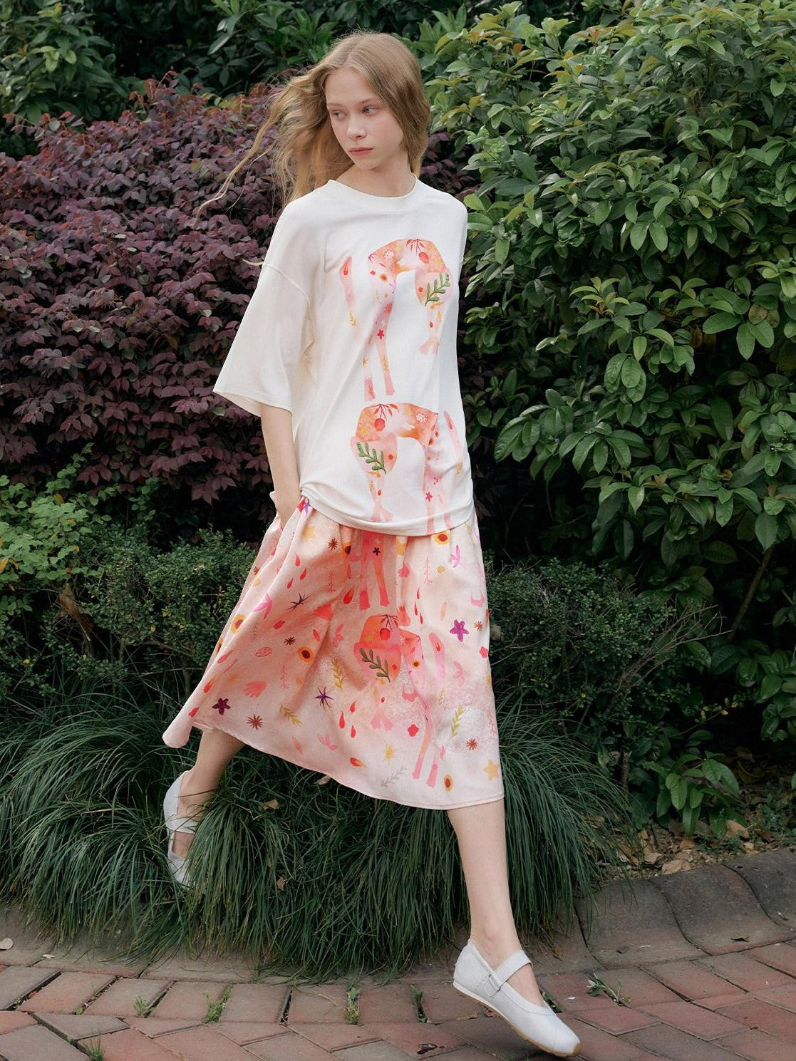 Outthe Blue Soft Tencel Round Neck Two Piece White Tee Pink Orange Skirt Top & Skirt Sets