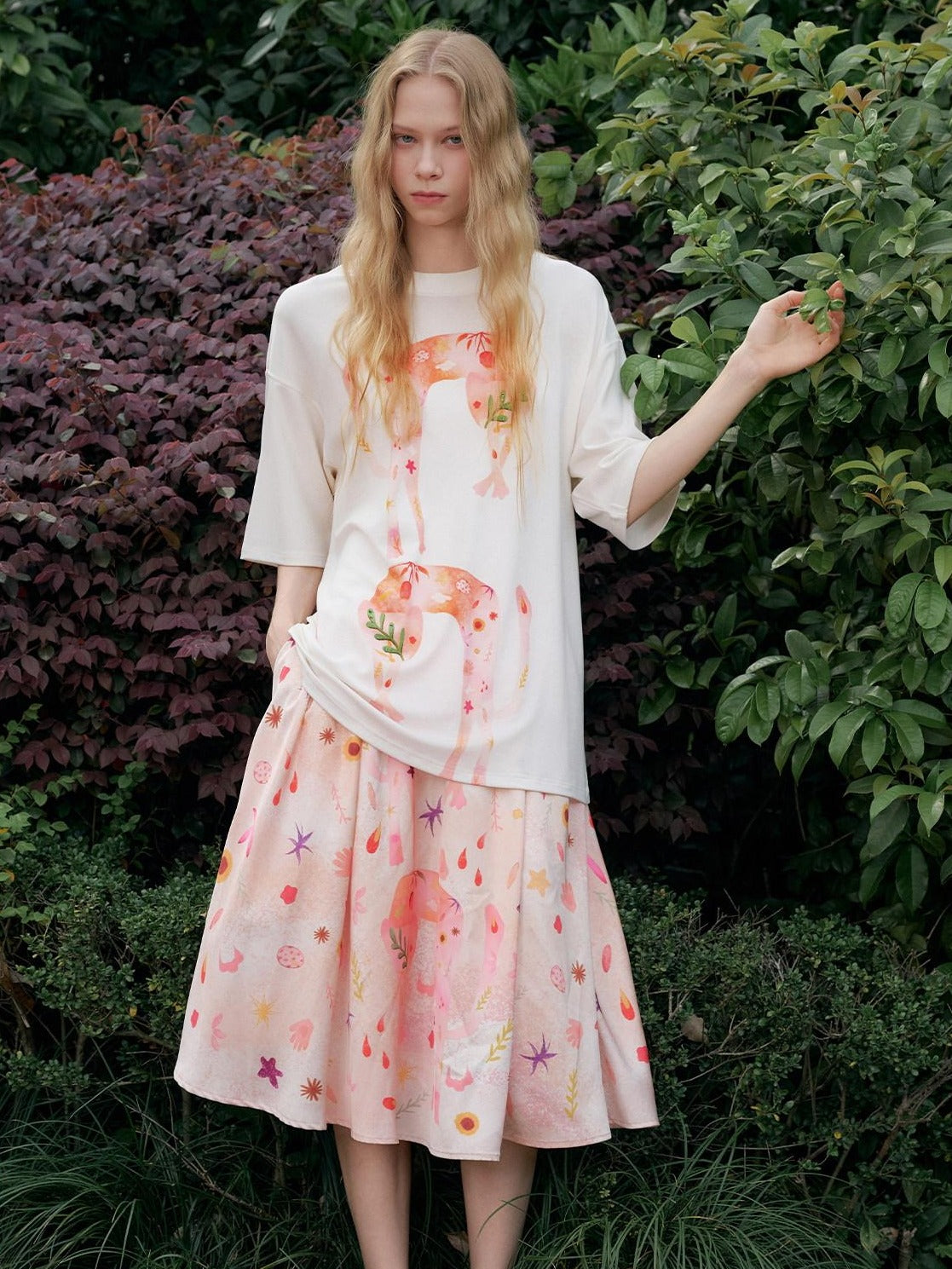 Outthe Blue Soft Tencel Round Neck Two Piece White Tee Pink Orange Skirt Top & Skirt Sets