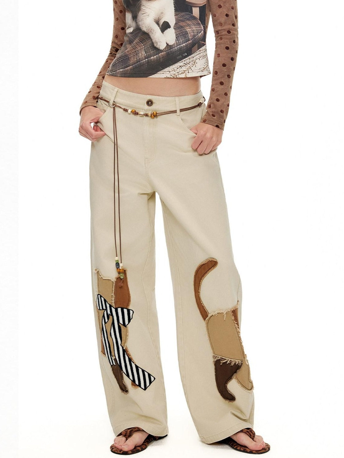 Outthe Blue Soft Washed Cotton Natural Waist Zipper Fly Casual Mika Women Wide Leg Pants