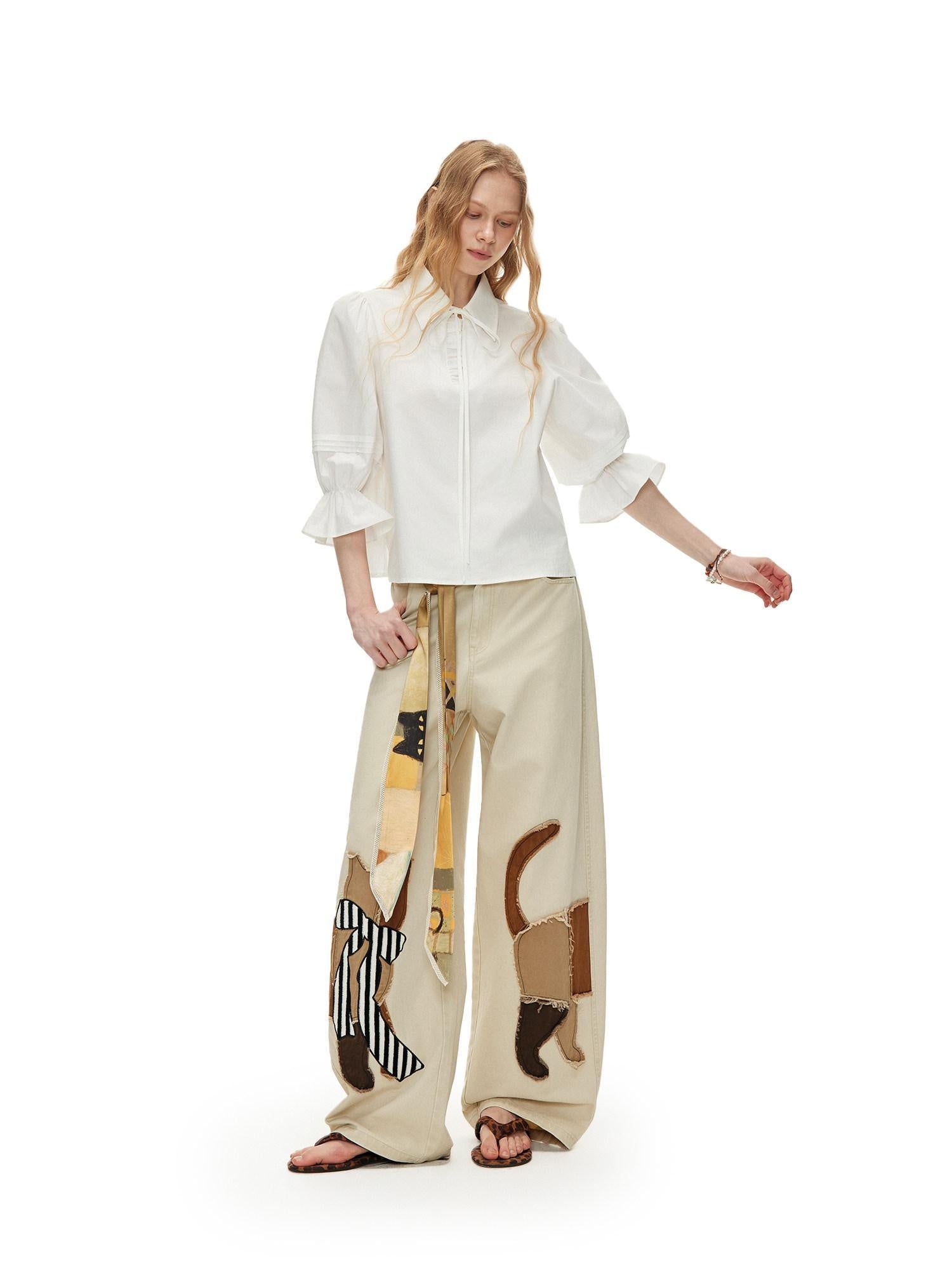 Outthe Blue Soft Washed Cotton Natural Waist Zipper Fly Casual Mika Women Wide Leg Pants