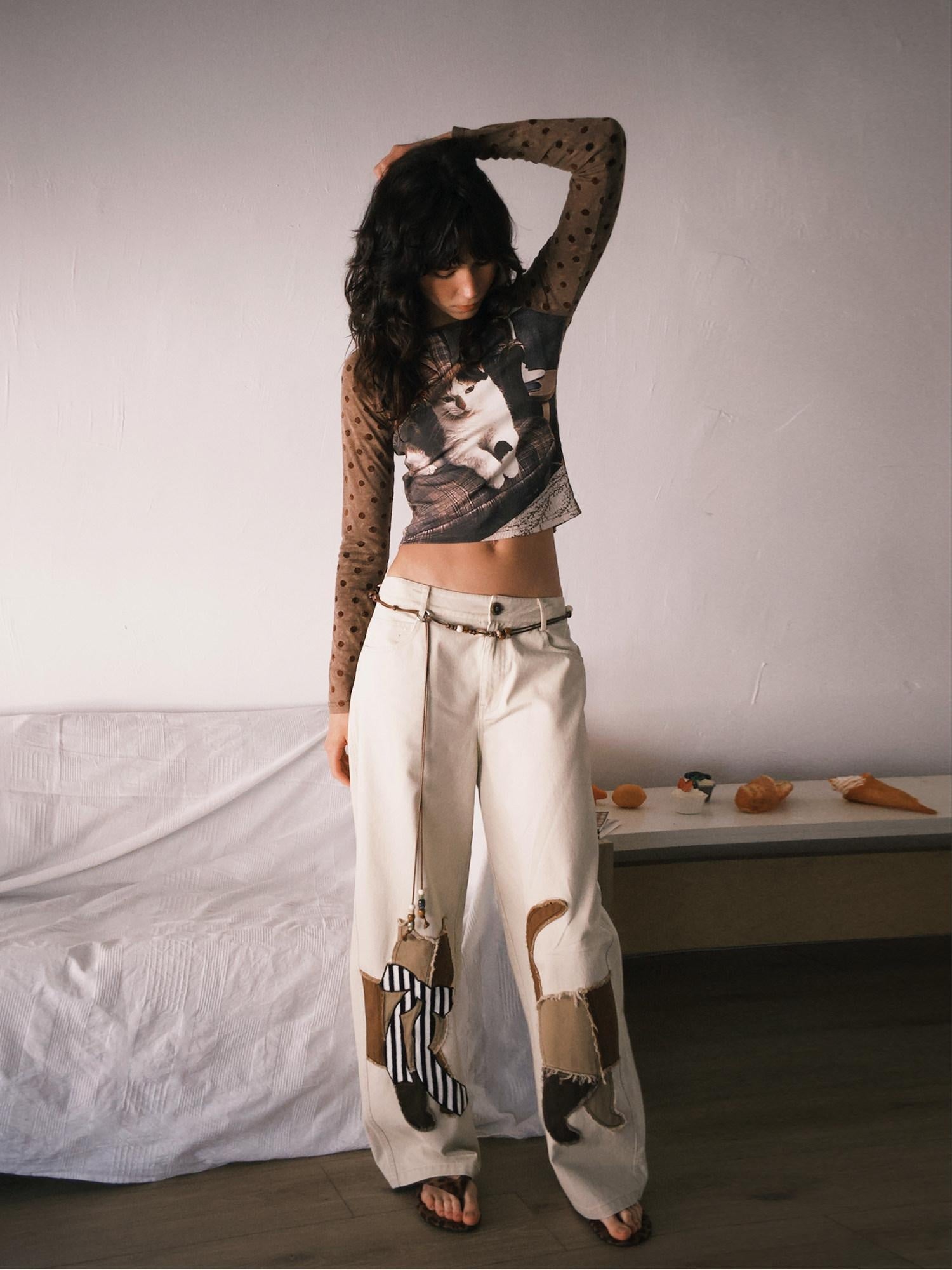 Outthe Blue Soft Washed Cotton Natural Waist Zipper Fly Casual Mika Women Wide Leg Pants