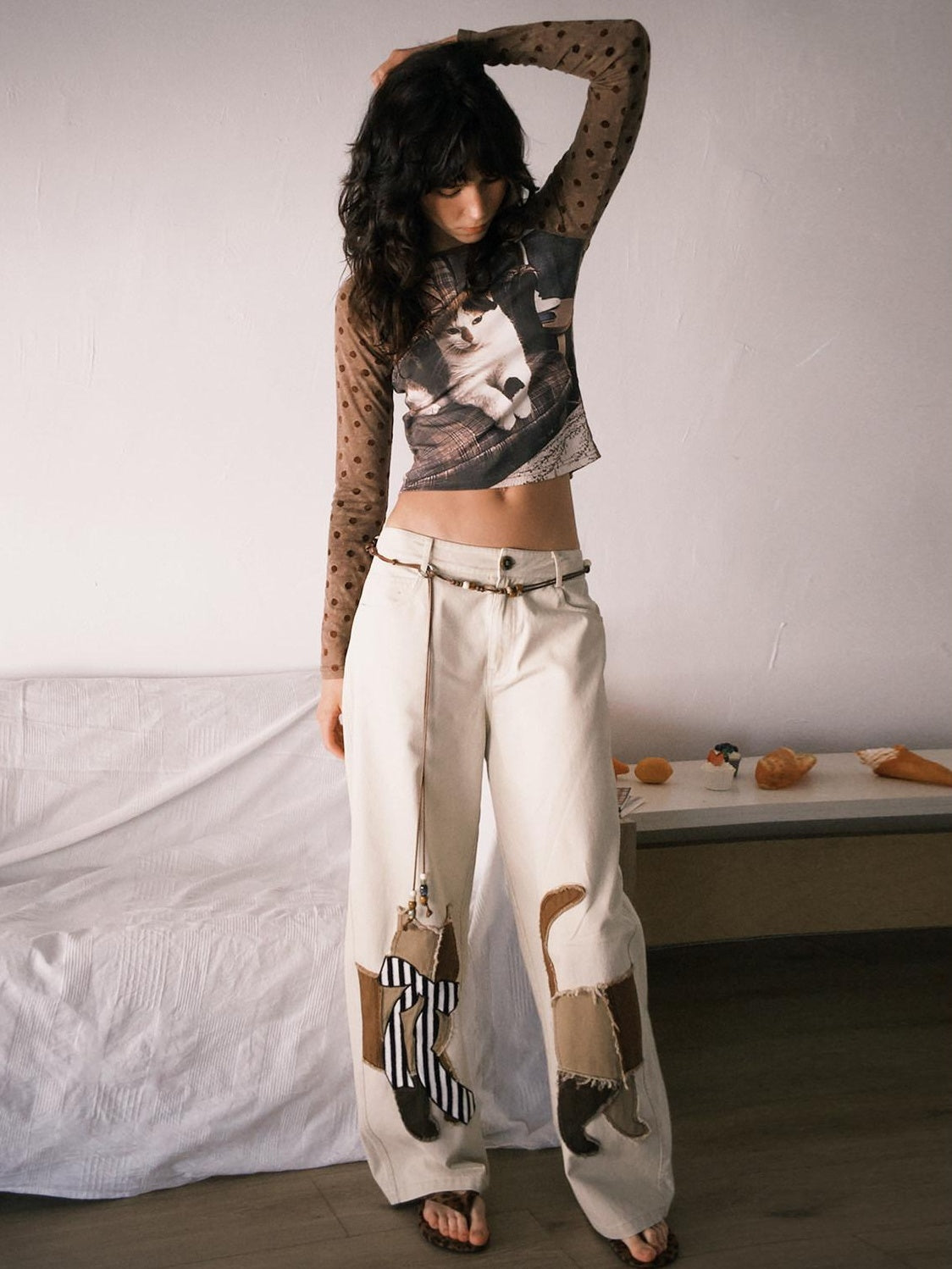 Outthe Blue Soft Washed Cotton Natural Waist Zipper Fly Casual Mika Women Wide Leg Pants