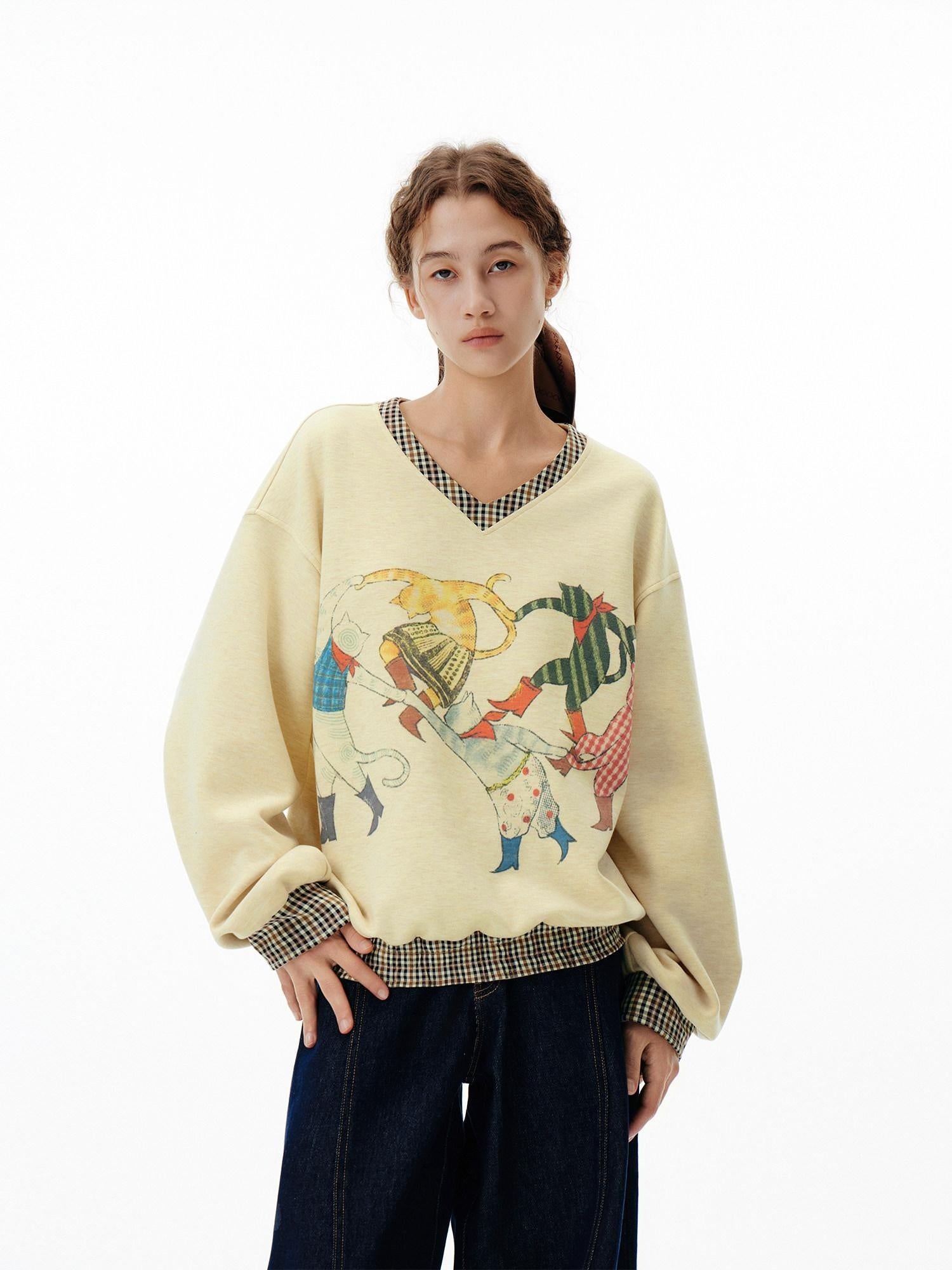 Outthe Blue Soft Wool Blend V-neck Plaid Loose Fit Commuter Pullover Light Yellow Sweatshirt