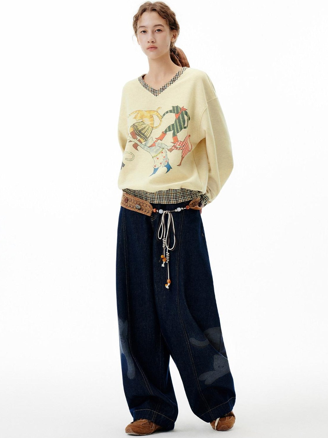 Outthe Blue Soft Wool Blend V-neck Plaid Loose Fit Commuter Pullover Light Yellow Sweatshirt