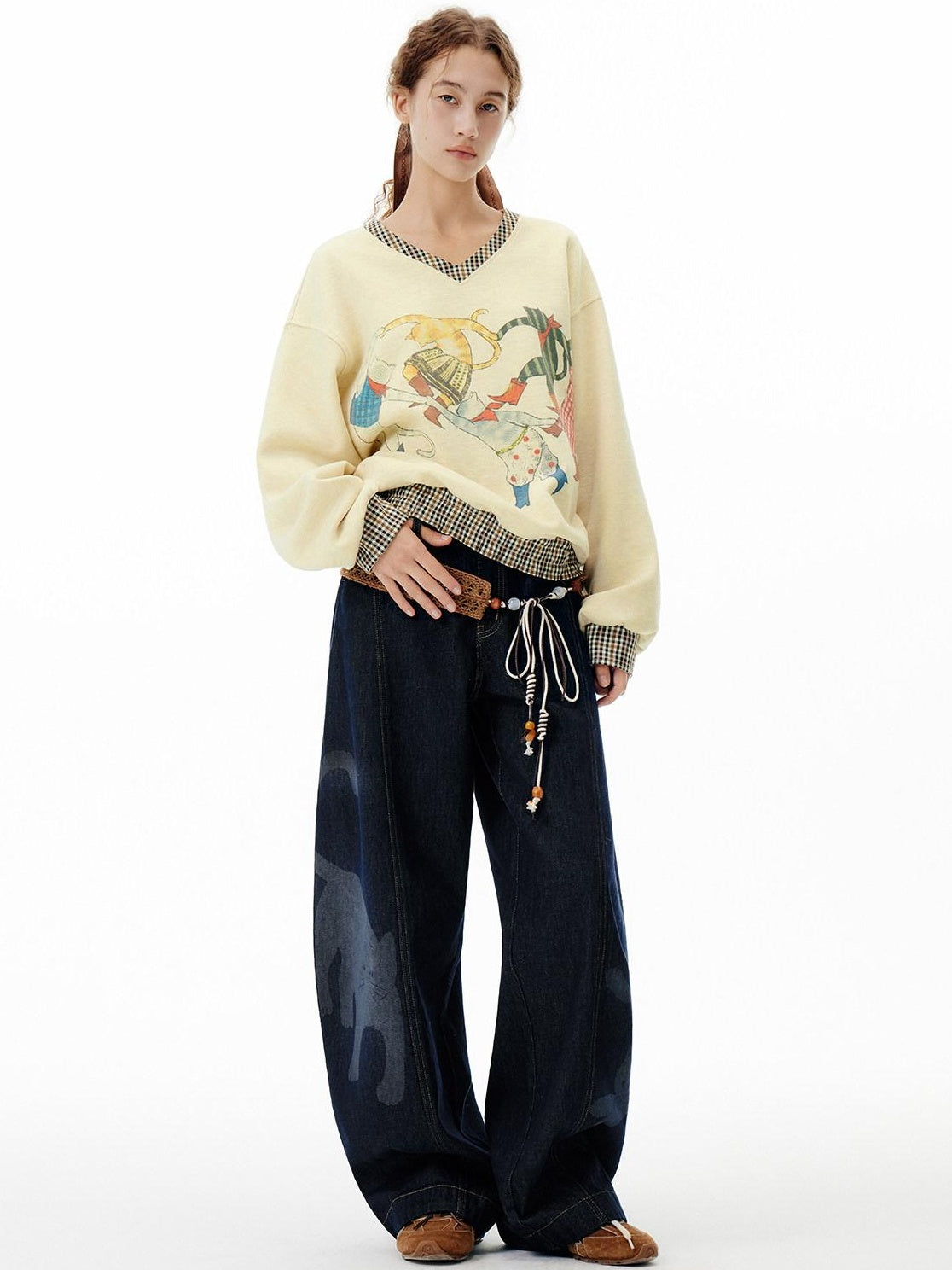 Outthe Blue Soft Wool Blend V-neck Plaid Loose Fit Commuter Pullover Light Yellow Sweatshirt