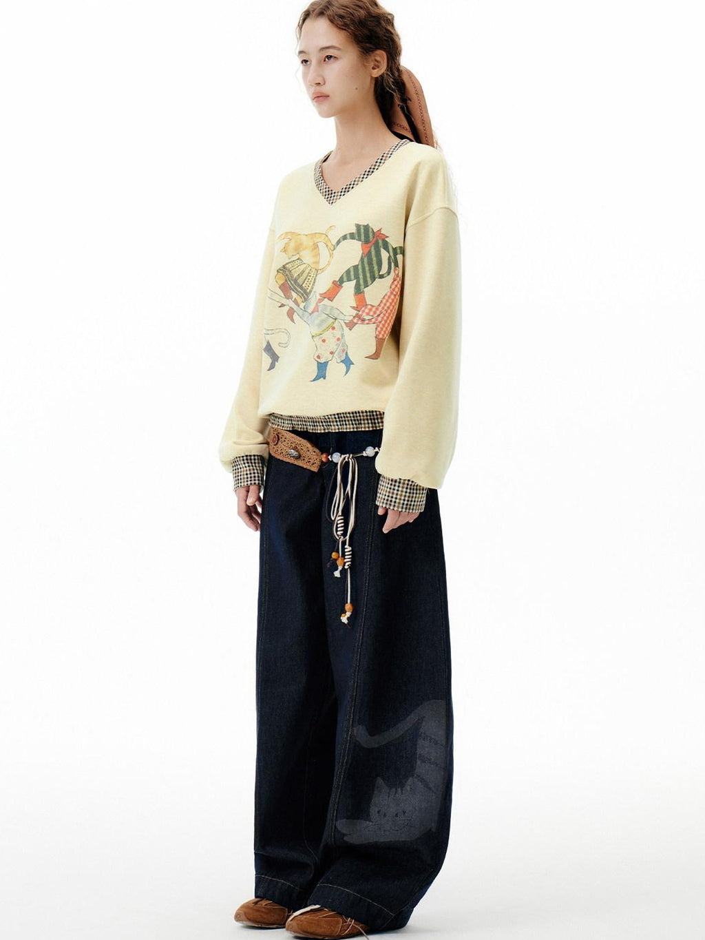 Outthe Blue Soft Wool Blend V-neck Plaid Loose Fit Commuter Pullover Light Yellow Sweatshirt
