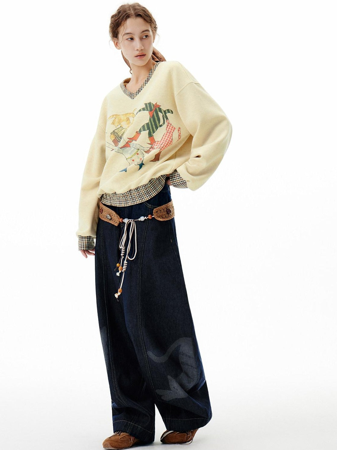 Outthe Blue Soft Wool Blend V-neck Plaid Loose Fit Commuter Pullover Light Yellow Sweatshirt