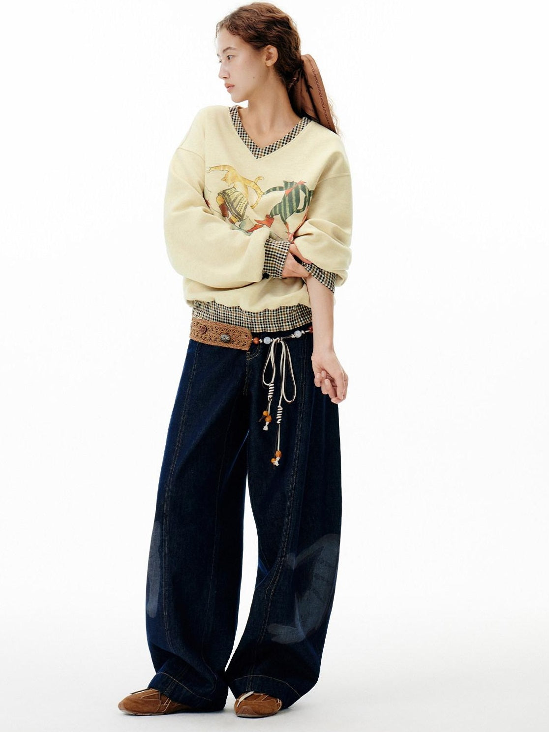 Outthe Blue Soft Wool Blend V-neck Plaid Loose Fit Commuter Pullover Light Yellow Sweatshirt