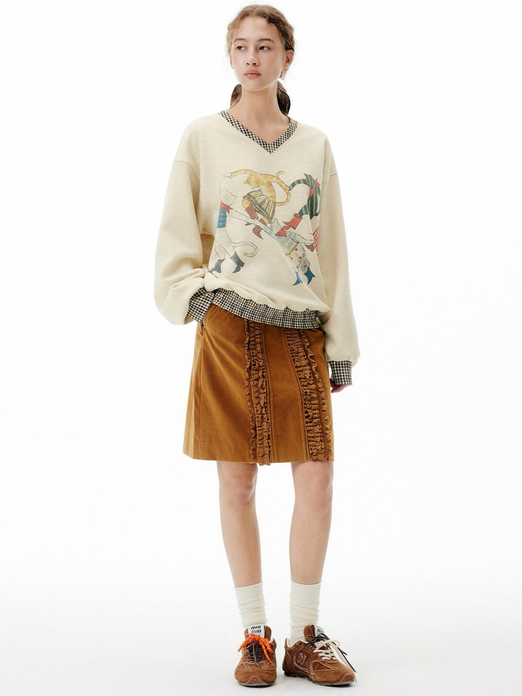 Outthe Blue Soft Wool Blend V-neck Plaid Loose Fit Commuter Pullover Light Yellow Sweatshirt