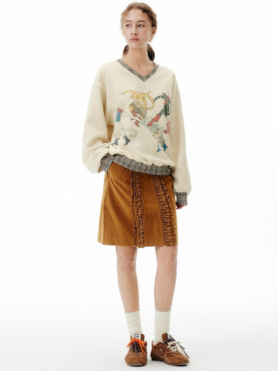 Outthe Blue Soft Wool Blend V-neck Plaid Loose Fit Commuter Pullover Light Yellow Sweatshirt