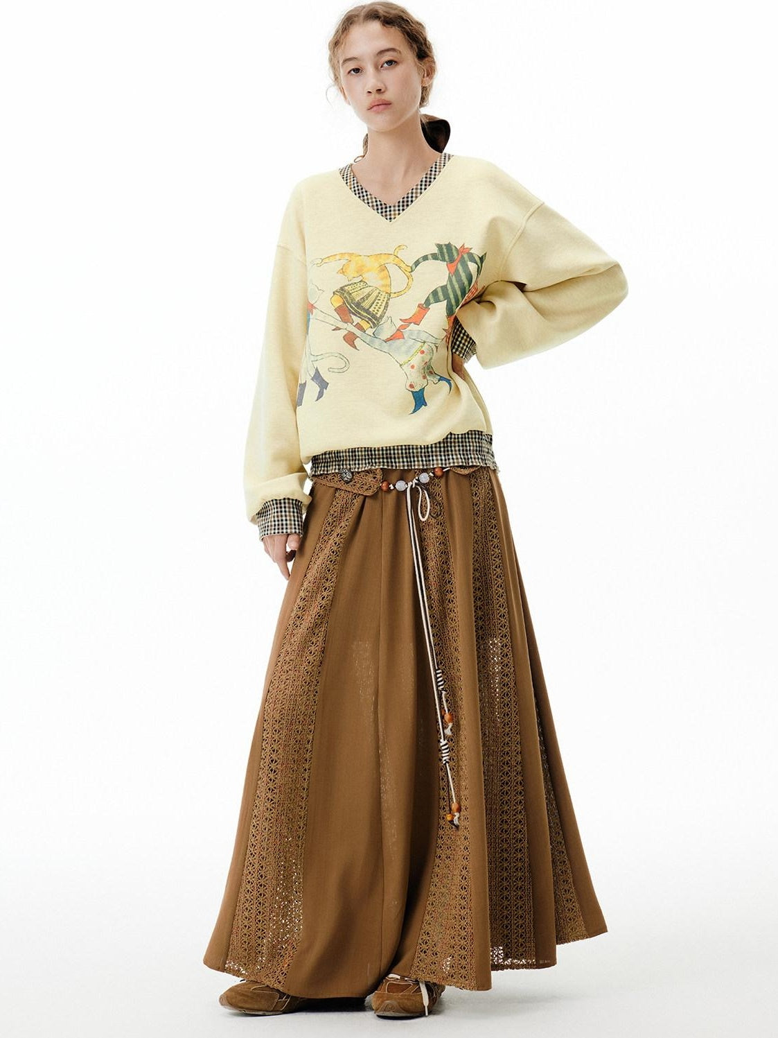Outthe Blue Soft Wool Blend V-neck Plaid Loose Fit Commuter Pullover Light Yellow Sweatshirt