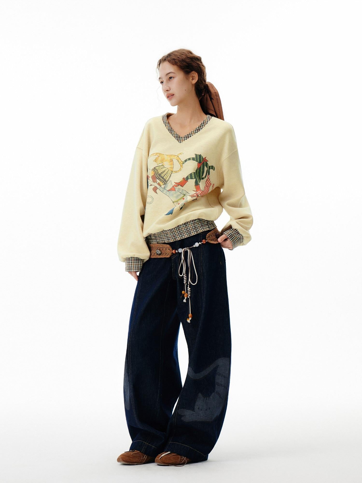 Outthe Blue Soft Wool Blend V-neck Plaid Loose Fit Commuter Pullover Light Yellow Sweatshirt
