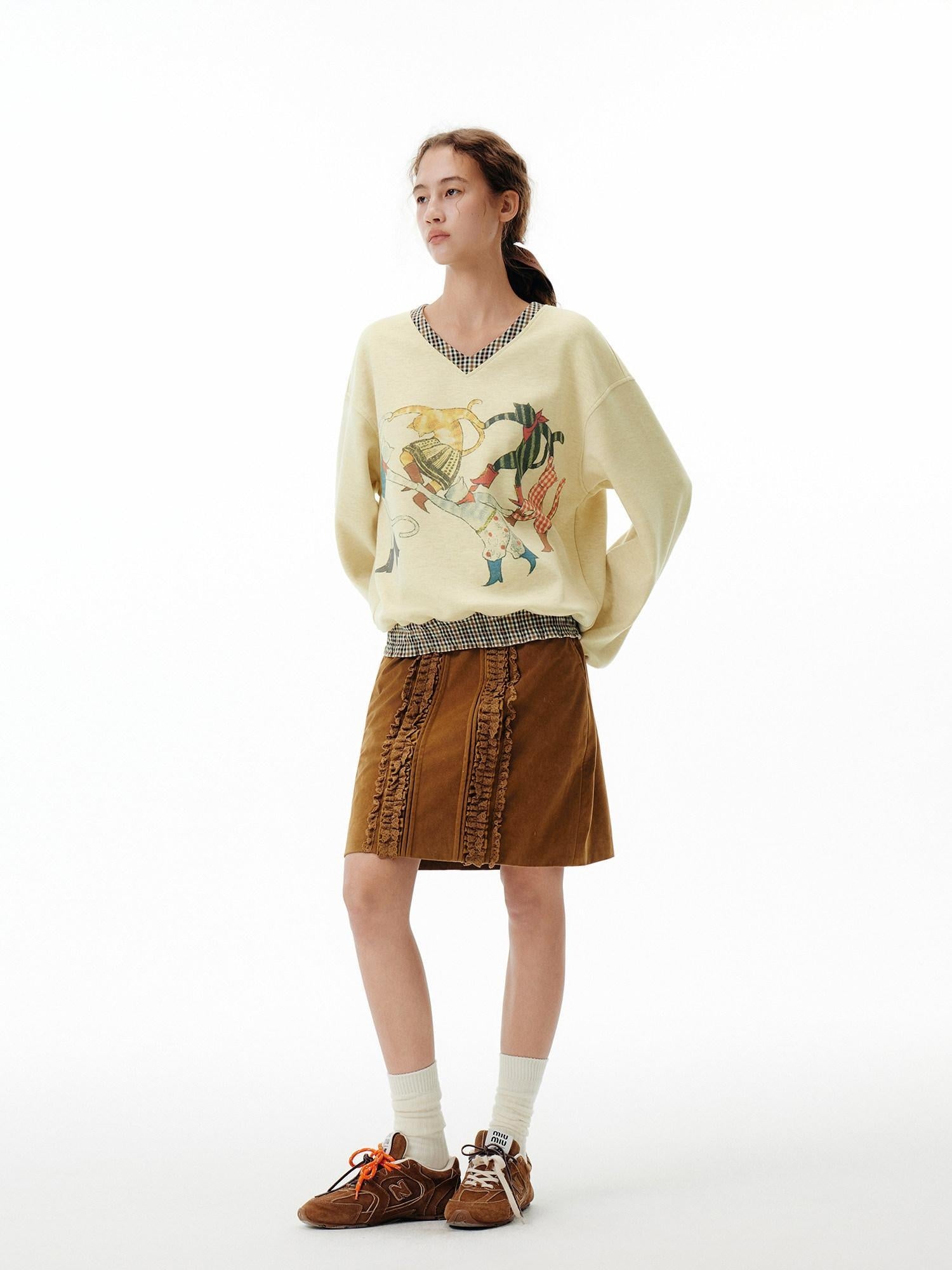 Outthe Blue Soft Wool Blend V-neck Plaid Loose Fit Commuter Pullover Light Yellow Sweatshirt