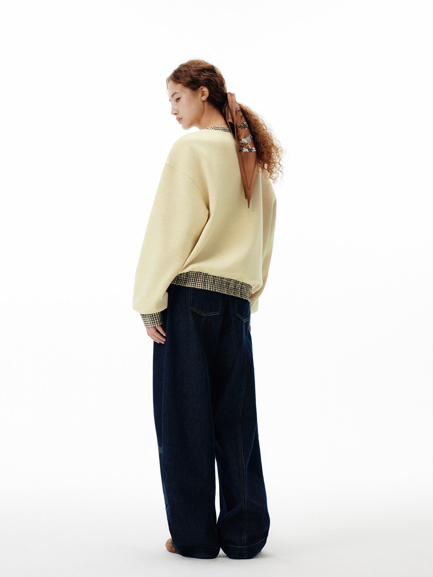 Outthe Blue Soft Wool Blend V-neck Plaid Loose Fit Commuter Pullover Light Yellow Sweatshirt