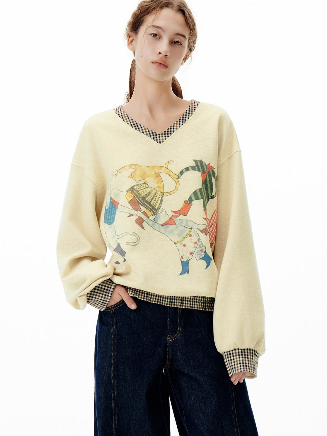 Outthe Blue Soft Wool Blend V-neck Plaid Loose Fit Commuter Pullover Light Yellow Sweatshirt