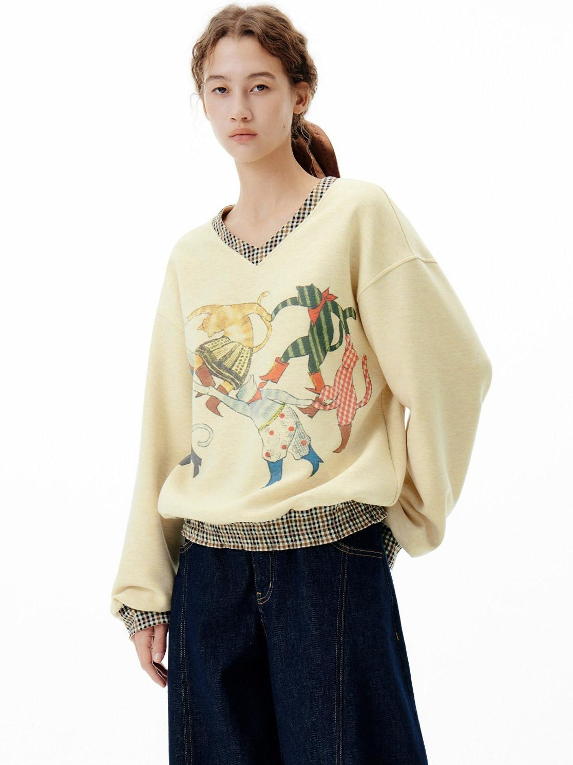 Outthe Blue Soft Wool Blend V-neck Plaid Loose Fit Commuter Pullover Light Yellow Sweatshirt