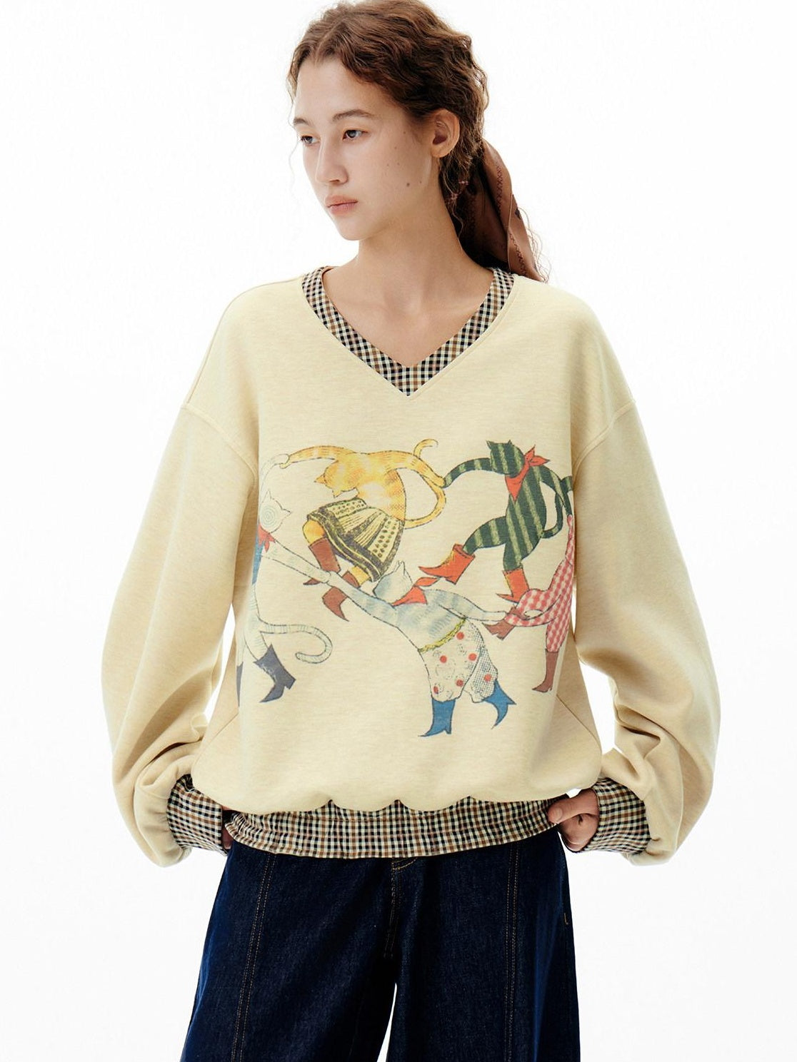 Outthe Blue Soft Wool Blend V-neck Plaid Loose Fit Commuter Pullover Light Yellow Sweatshirt