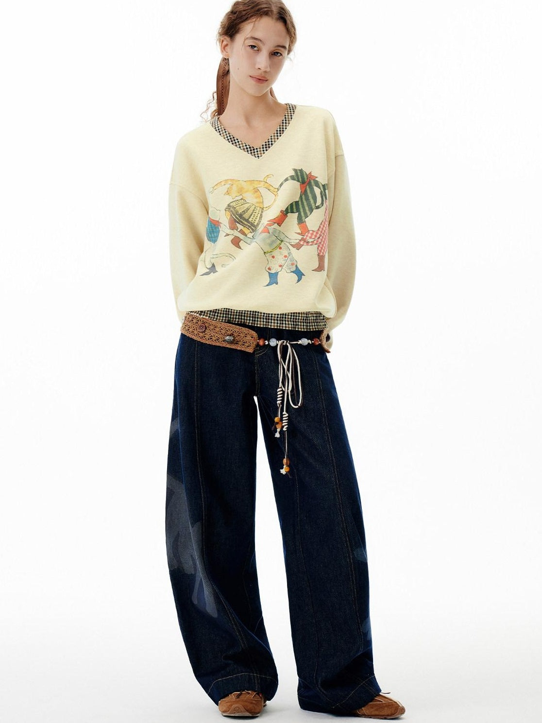 Outthe Blue Soft Wool Blend V-neck Plaid Loose Fit Commuter Pullover Light Yellow Sweatshirt