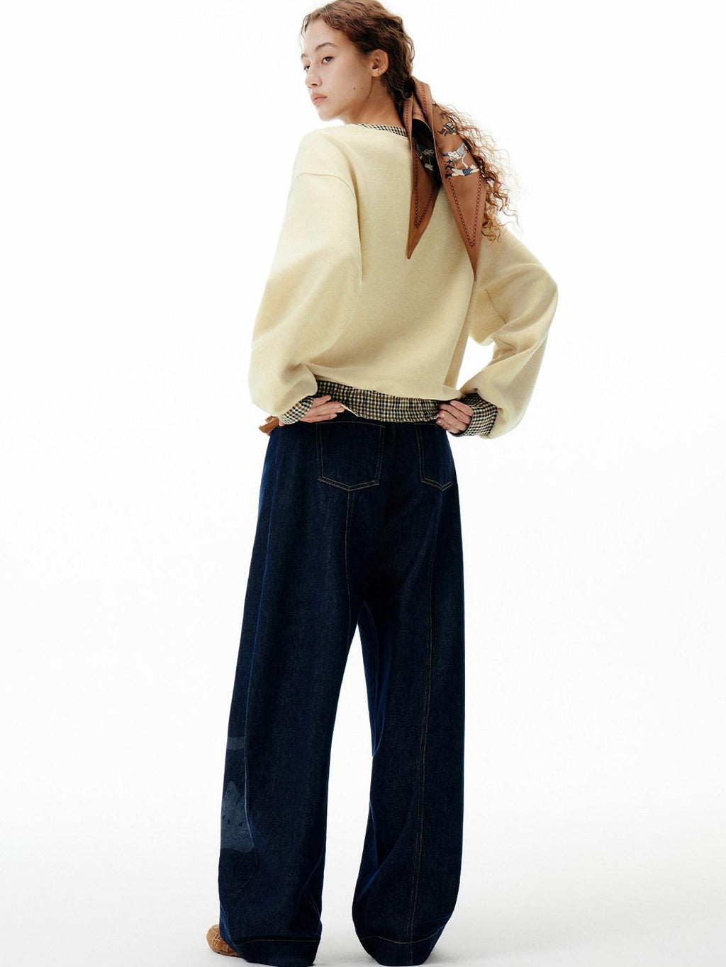 Outthe Blue Soft Wool Blend V-neck Plaid Loose Fit Commuter Pullover Light Yellow Sweatshirt