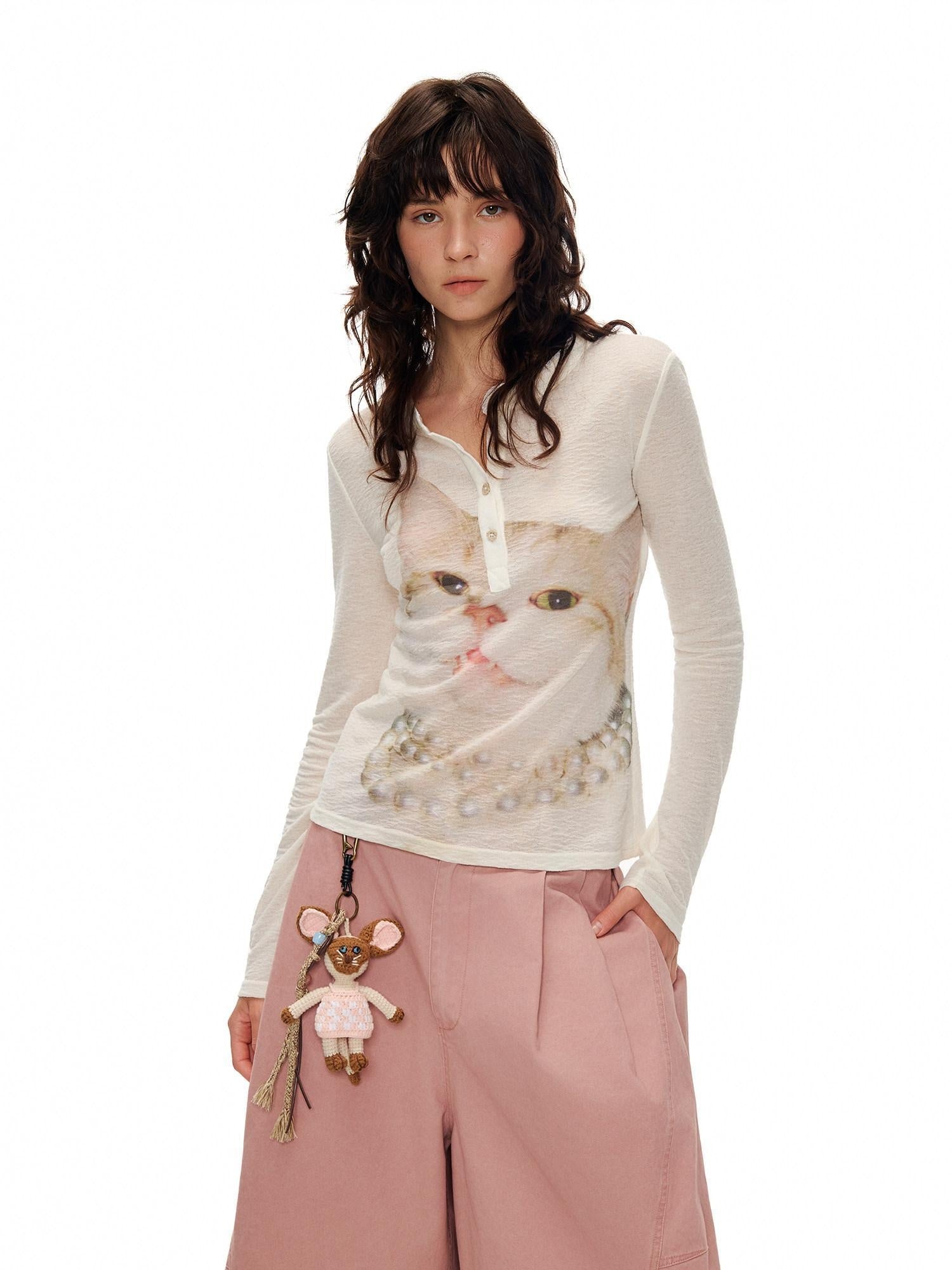 Outthe Blue Soft Wool Lyocell Slim Fit Casual Printed Women Pearl White Long Sleeve T-Shirts