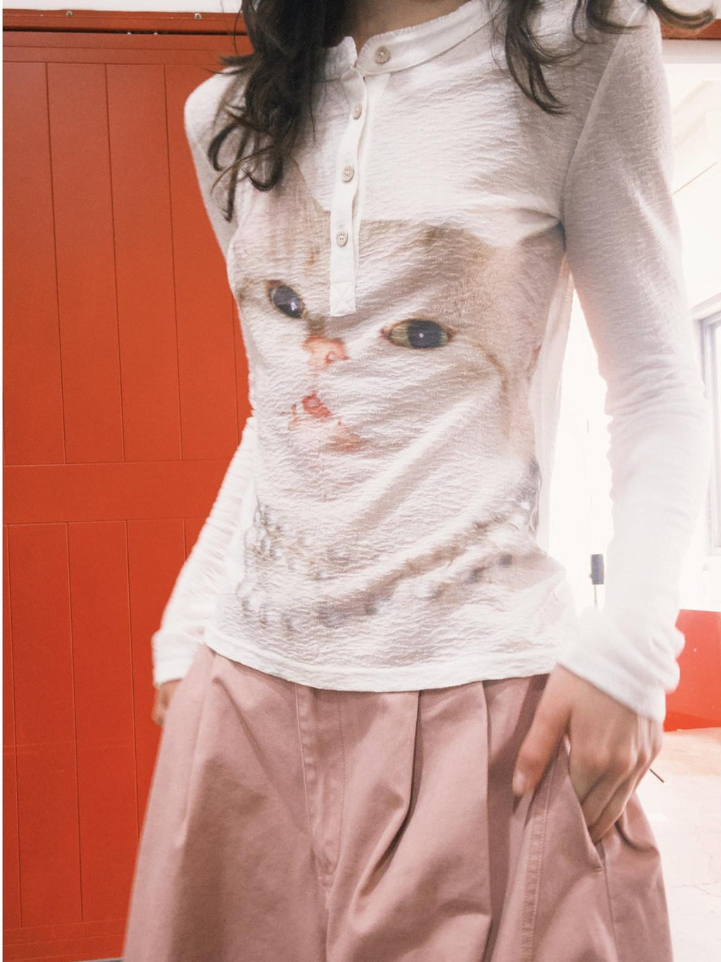 Outthe Blue Soft Wool Lyocell Slim Fit Casual Printed Women Pearl White Long Sleeve T-Shirts