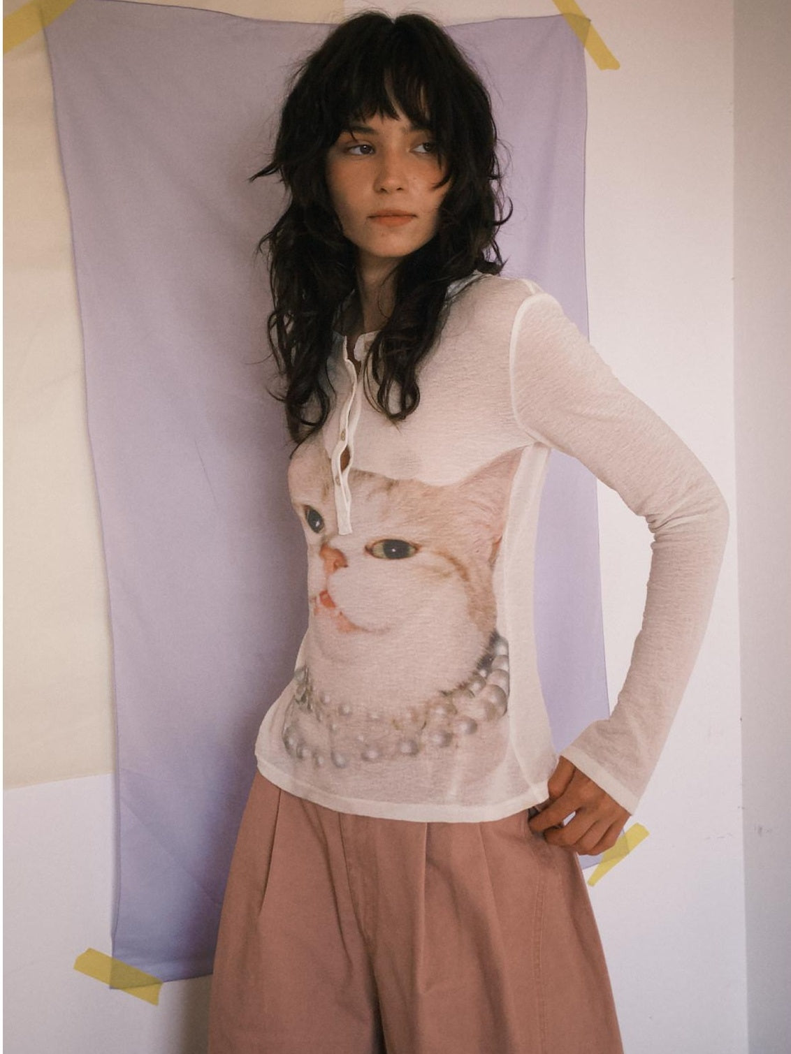 Outthe Blue Soft Wool Lyocell Slim Fit Casual Printed Women Pearl White Long Sleeve T-Shirts
