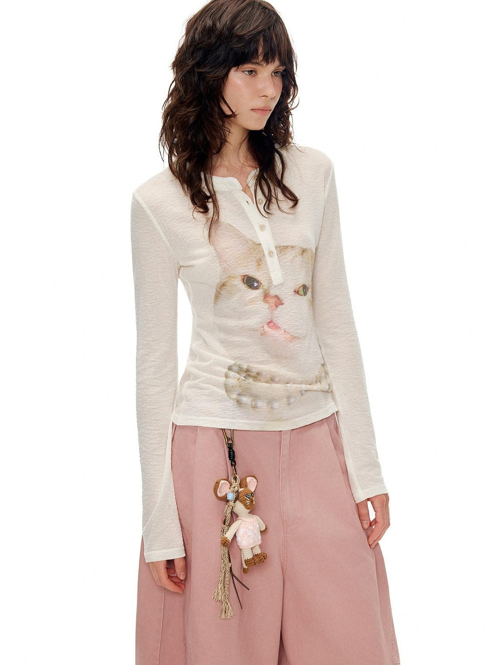 Outthe Blue Soft Wool Lyocell Slim Fit Casual Printed Women Pearl White Long Sleeve T-Shirts
