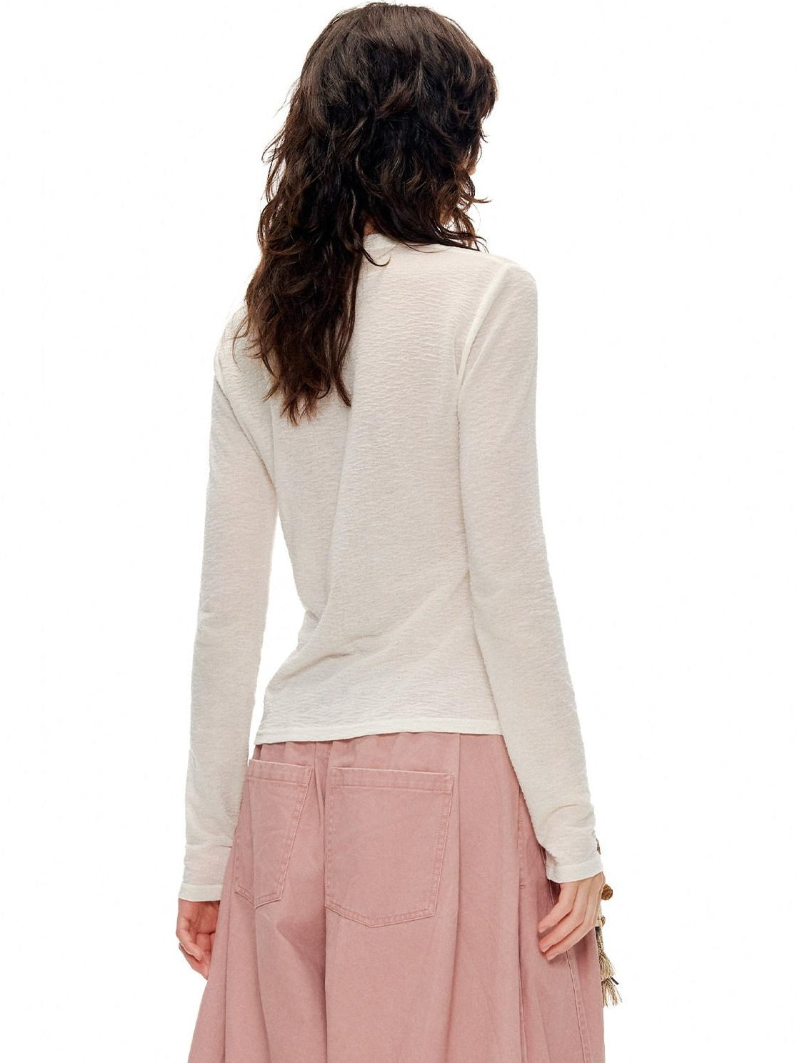 Outthe Blue Soft Wool Lyocell Slim Fit Casual Printed Women Pearl White Long Sleeve T-Shirts