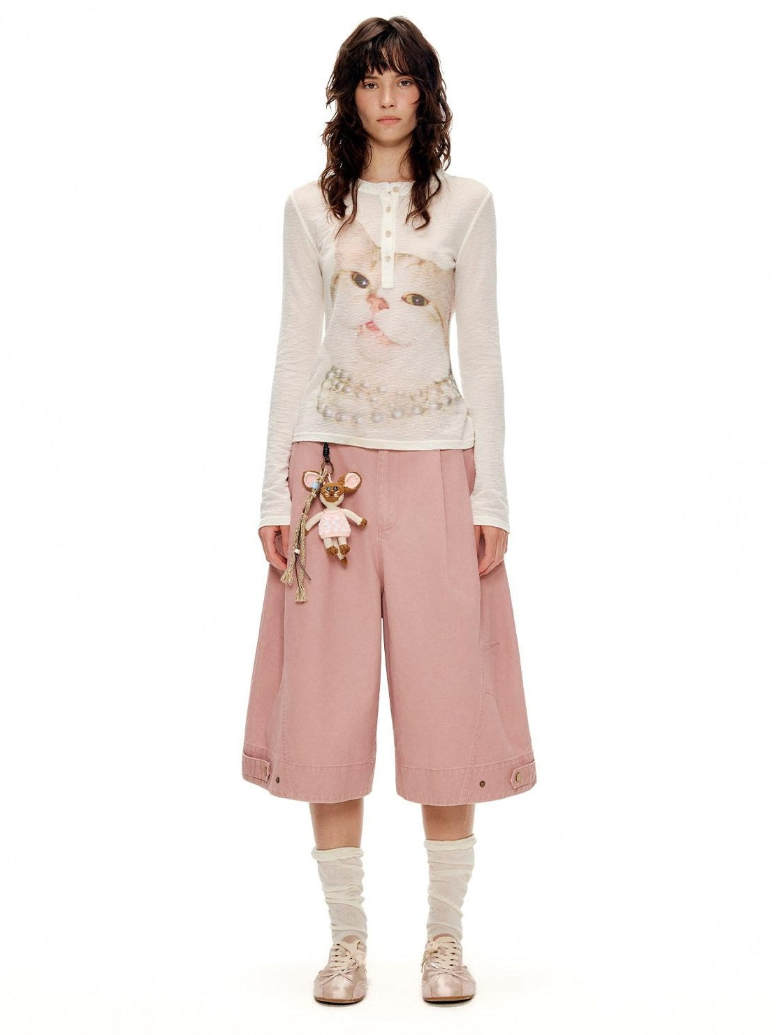 Outthe Blue Soft Wool Lyocell Slim Fit Casual Printed Women Pearl White Long Sleeve T-Shirts