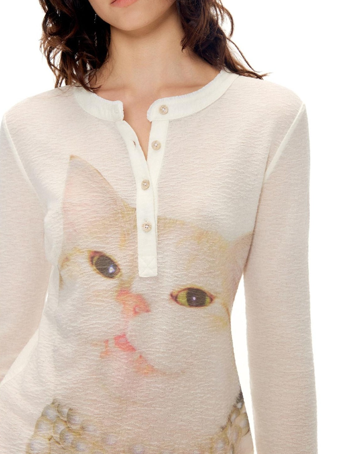 Outthe Blue Soft Wool Lyocell Slim Fit Casual Printed Women Pearl White Long Sleeve T-Shirts