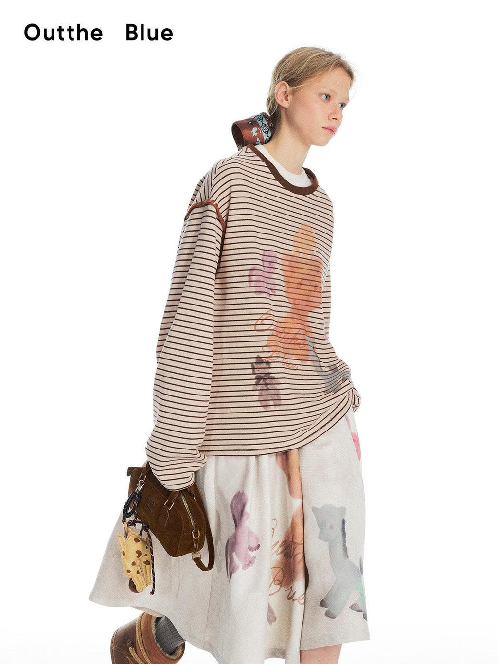 Outthe Blue Striped Beige Camel Crew Neck Regular Fit Commuter Office Long Sleeve T-Shirts