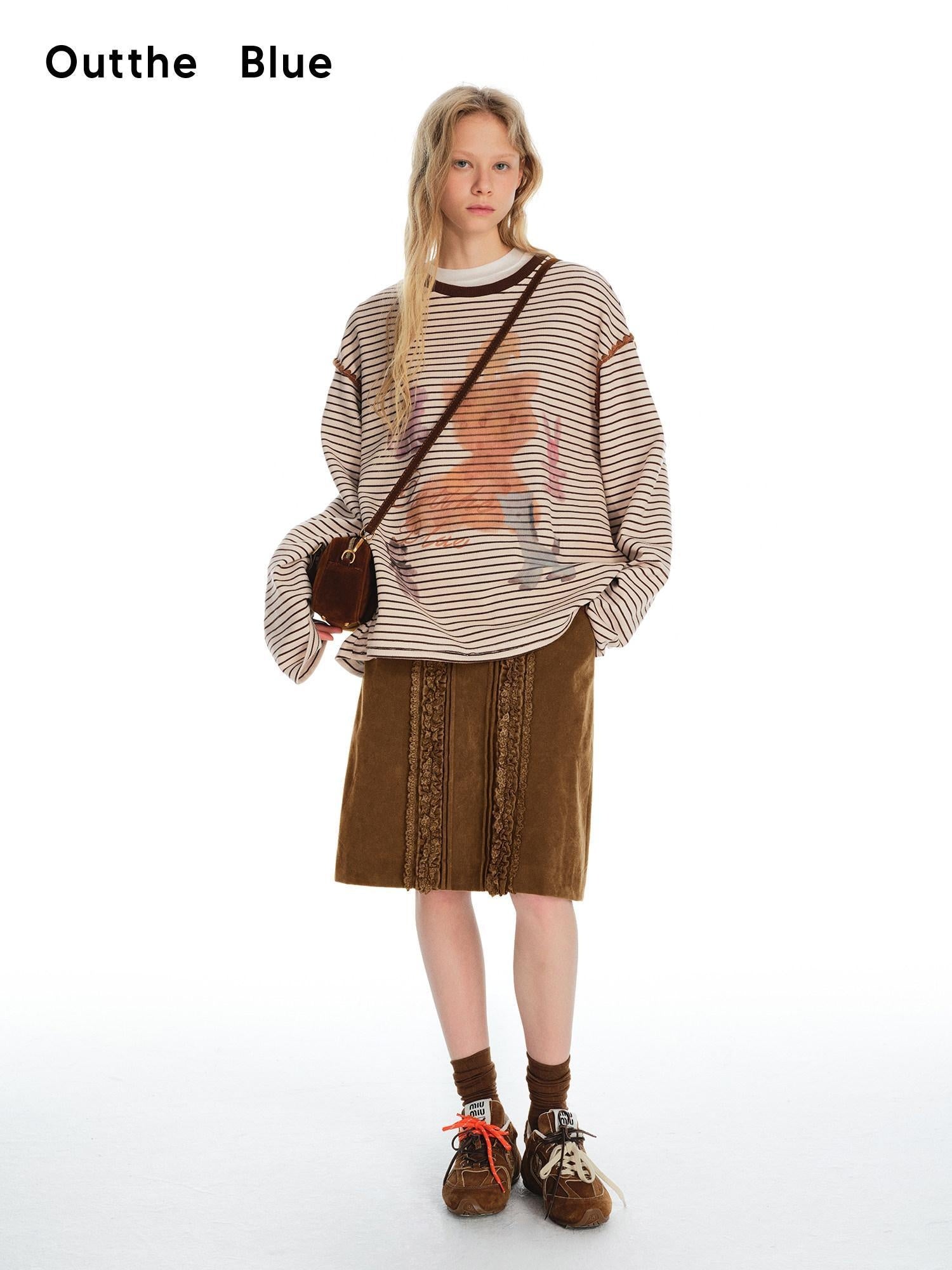 Outthe Blue Striped Beige Camel Crew Neck Regular Fit Commuter Office Long Sleeve T-Shirts