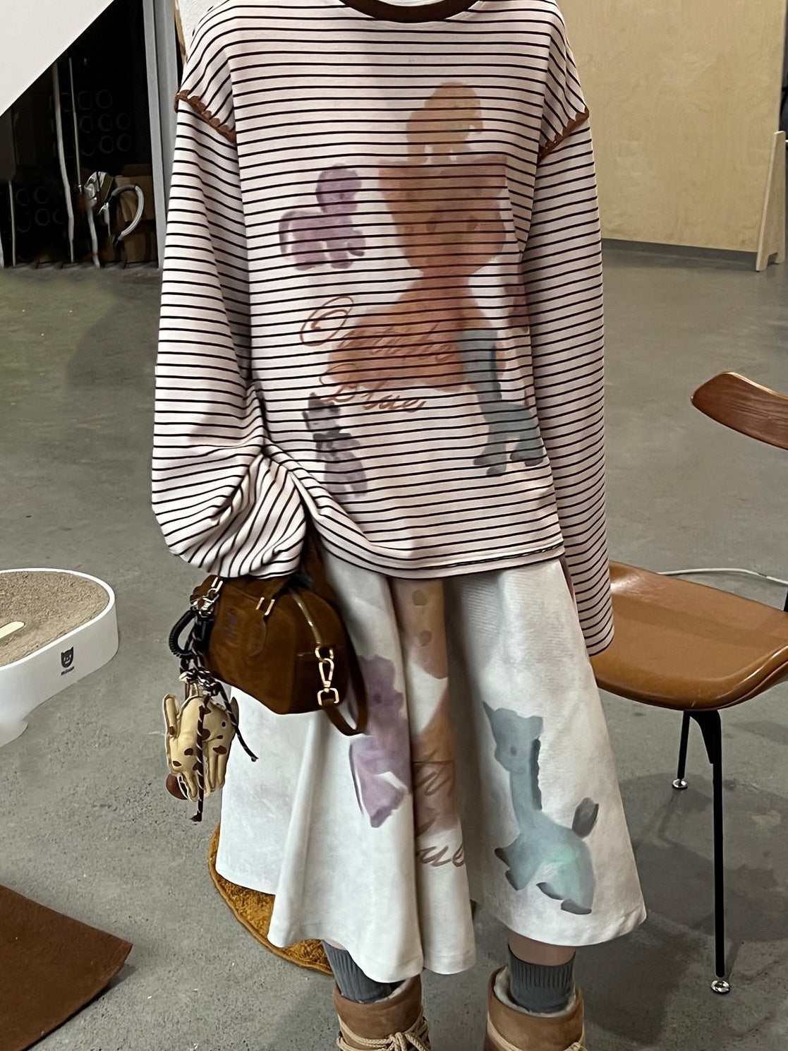 Outthe Blue Striped Beige Camel Crew Neck Regular Fit Commuter Office Long Sleeve T-Shirts