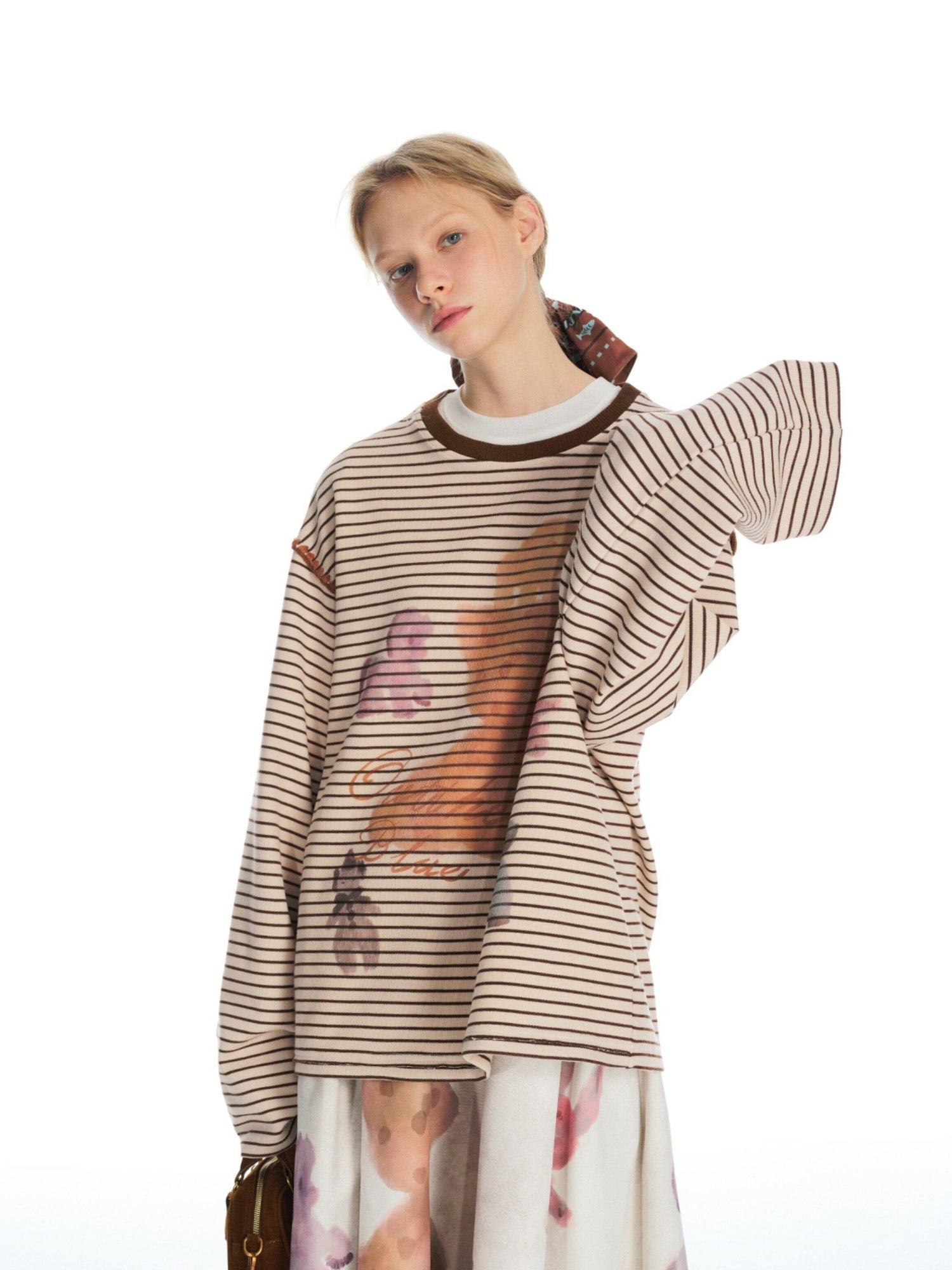 Outthe Blue Striped Beige Camel Crew Neck Regular Fit Commuter Office Long Sleeve T-Shirts