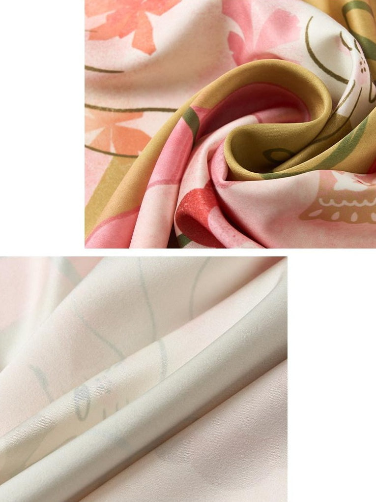 Outthe Blue Sunshield Satin Large Square Korean Style Young Women Botanical Floral Scarves