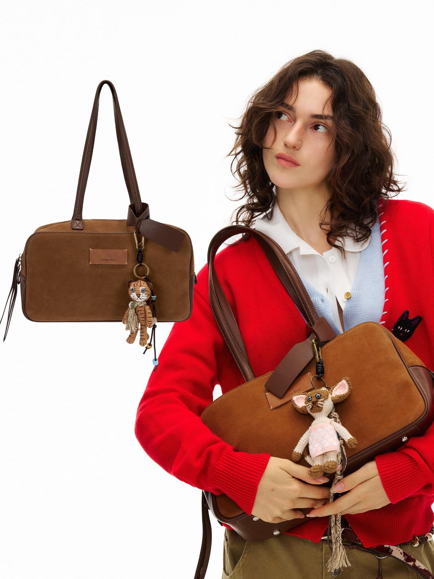 Outthe Blue Tassel Vintage Square Single Strap Faux Leather Brown Boston Tote Bags