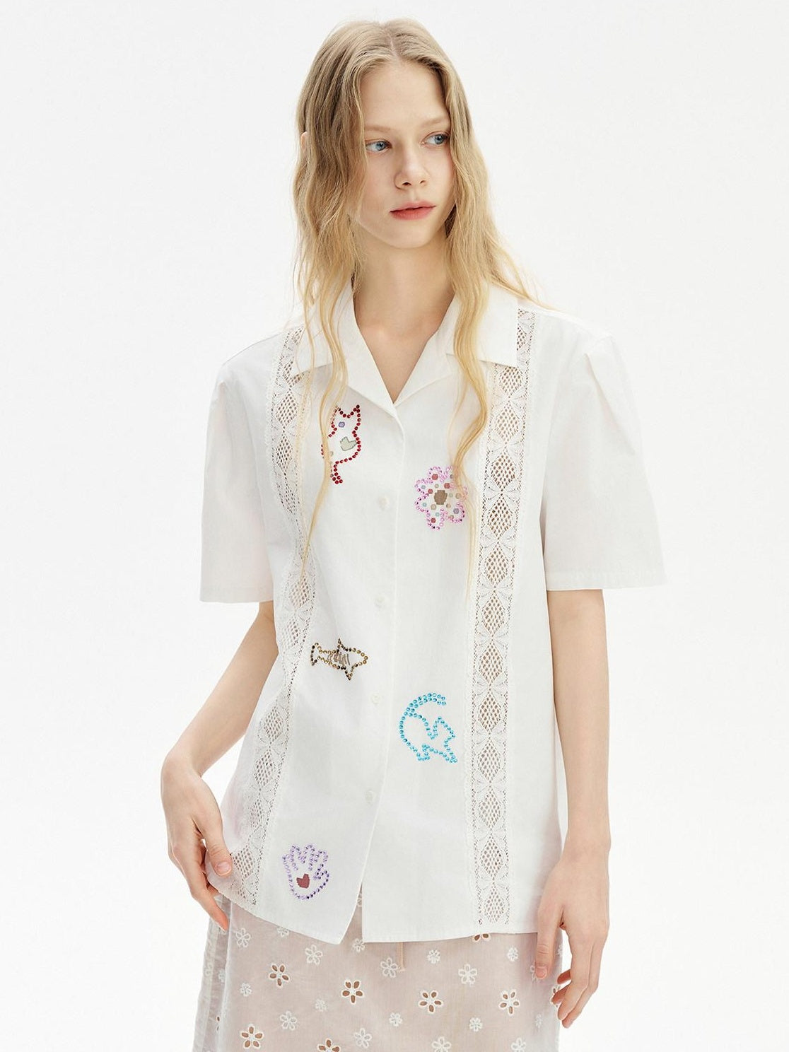 Outthe Blue Tencel Cotton Blend Loose Fit Short Sleeve Lapel Women White Button Blouses