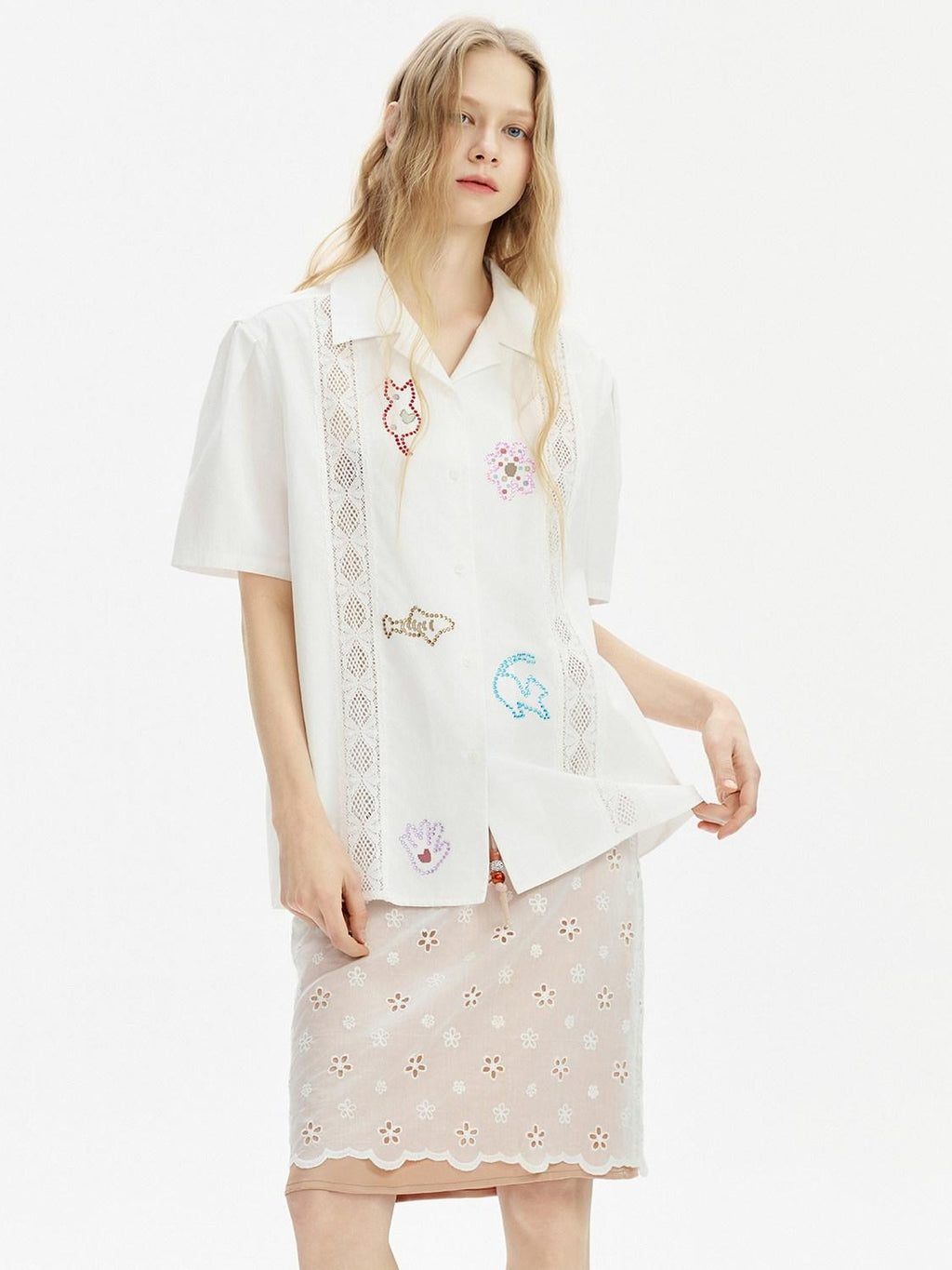 Outthe Blue Tencel Cotton Blend Loose Fit Short Sleeve Lapel Women White Button Blouses