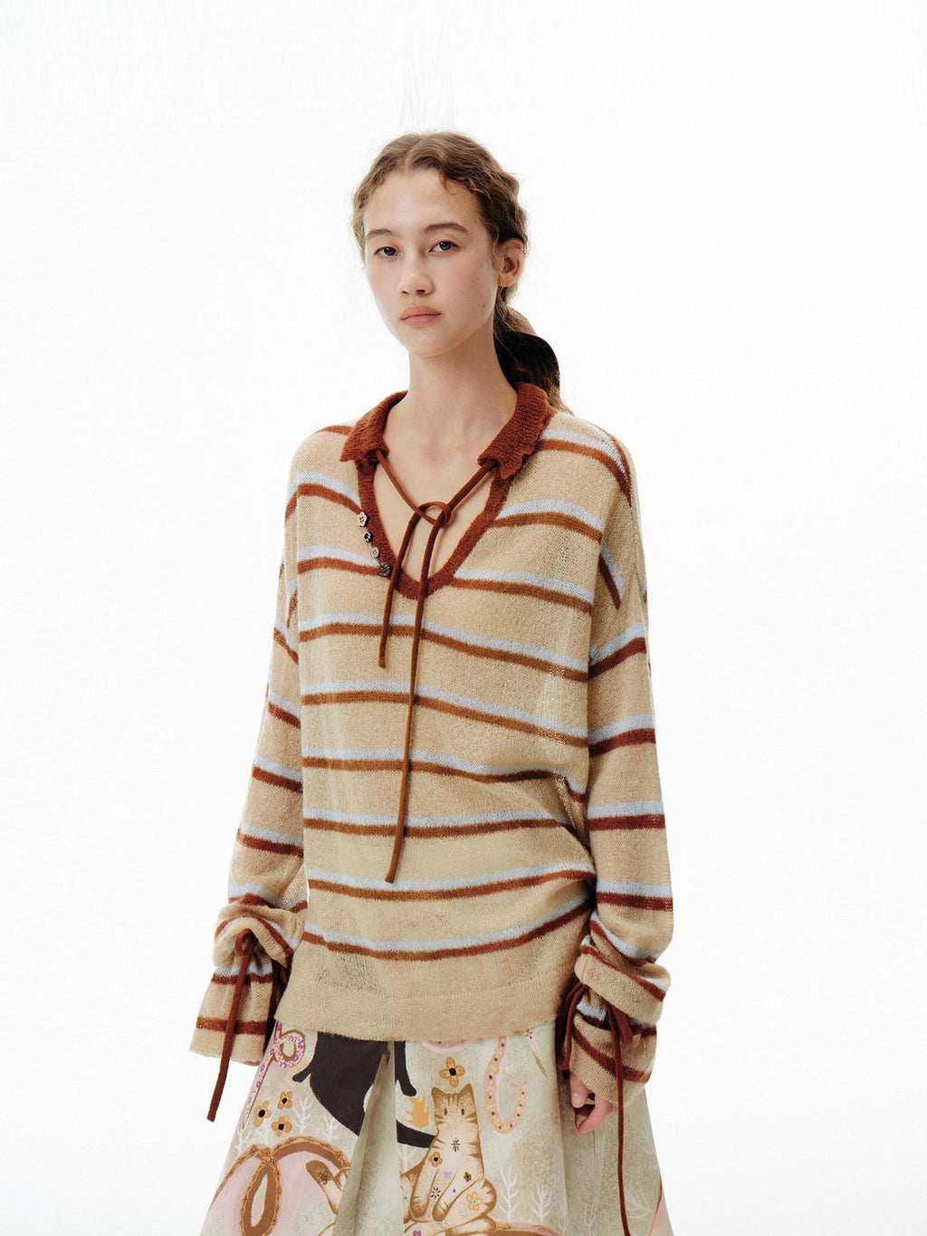 Outthe Blue Thermal V-neck Striped Pullover Office Long Sleeve Wool Mohair Knitwear