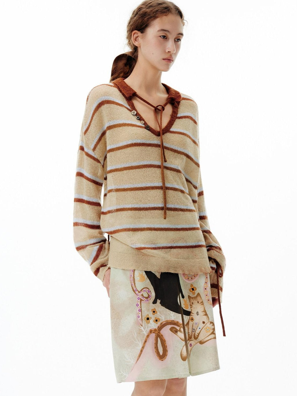 Outthe Blue Thermal V-neck Striped Pullover Office Long Sleeve Wool Mohair Knitwear