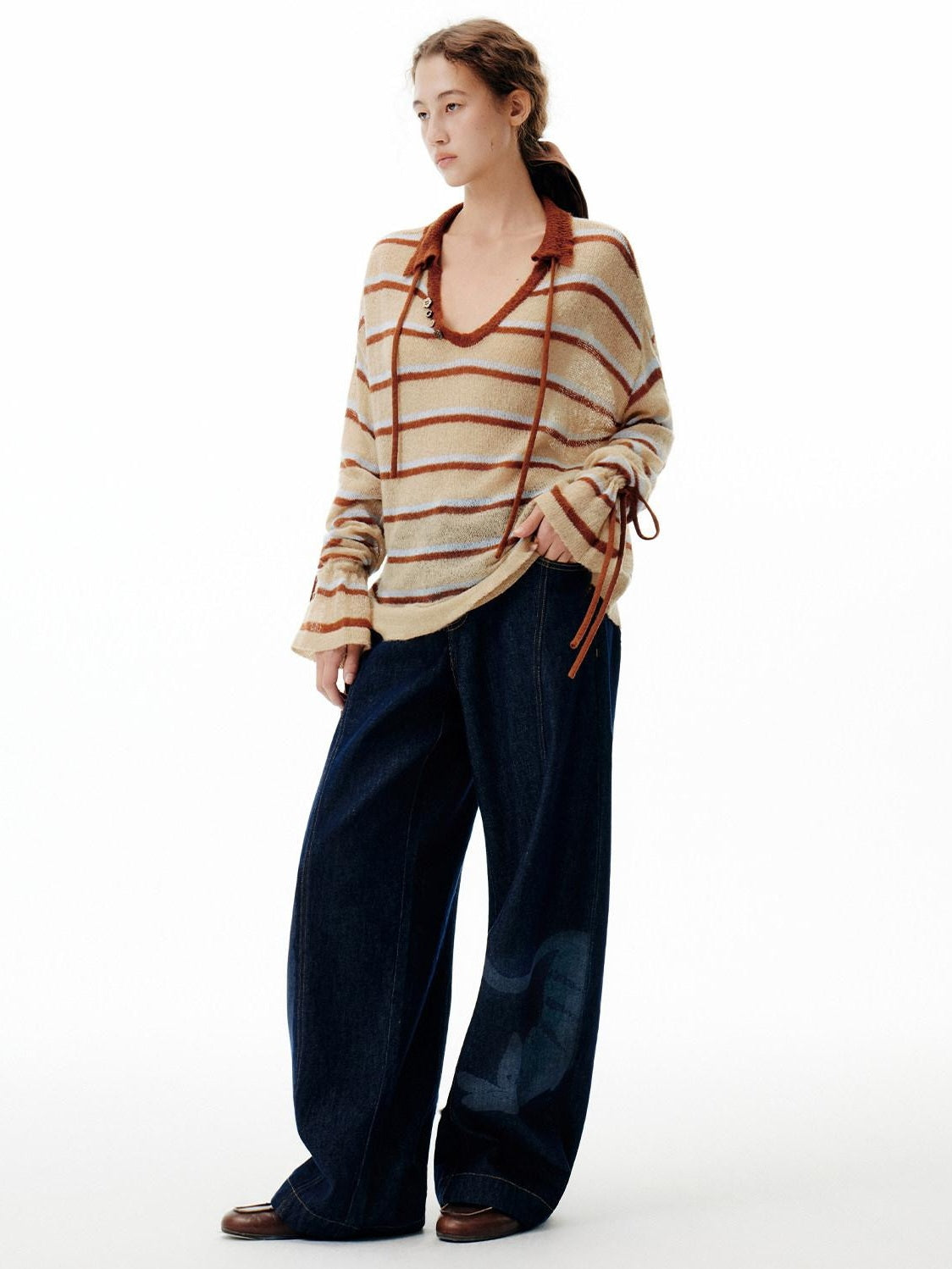 Outthe Blue Thermal V-neck Striped Pullover Office Long Sleeve Wool Mohair Knitwear