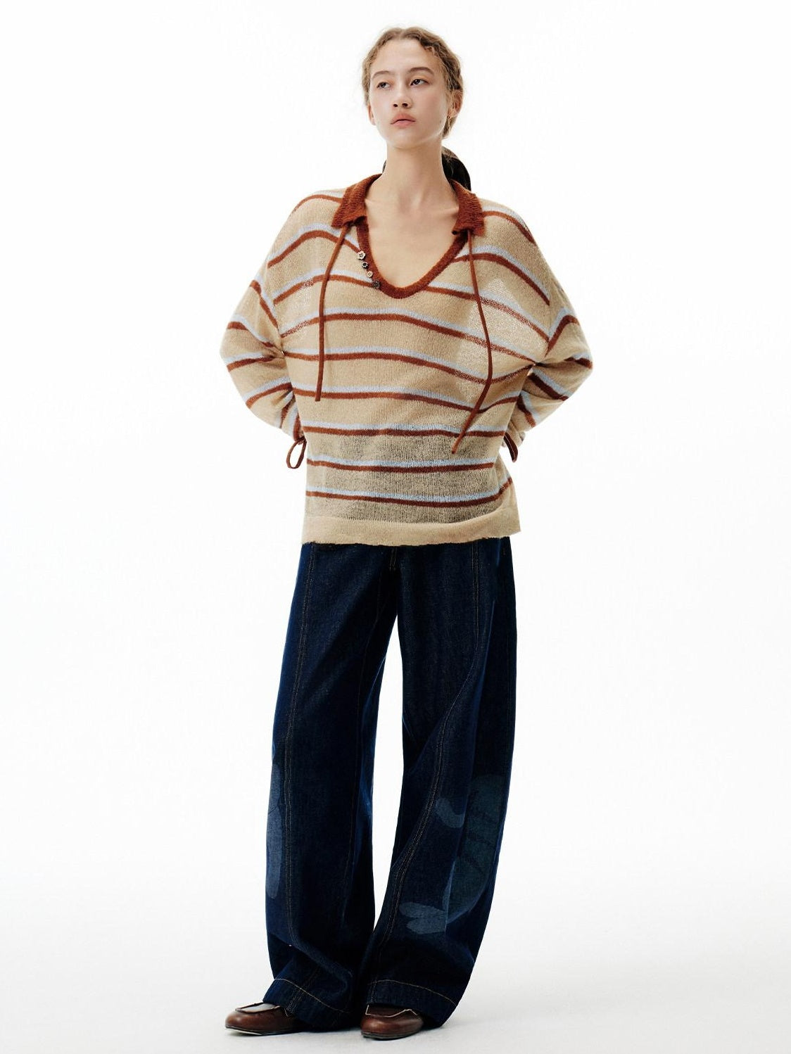 Outthe Blue Thermal V-neck Striped Pullover Office Long Sleeve Wool Mohair Knitwear