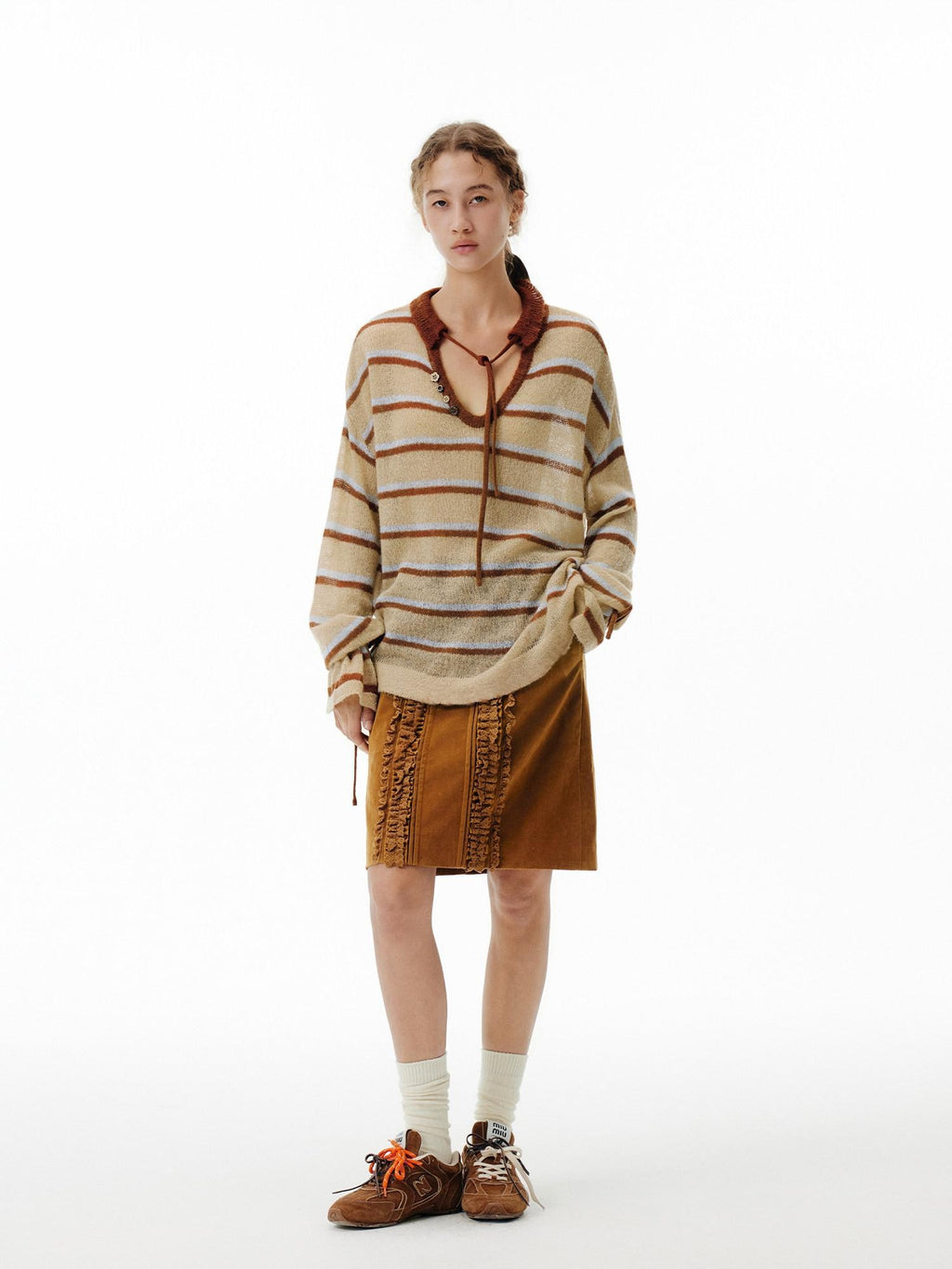 Outthe Blue Thermal V-neck Striped Pullover Office Long Sleeve Wool Mohair Knitwear