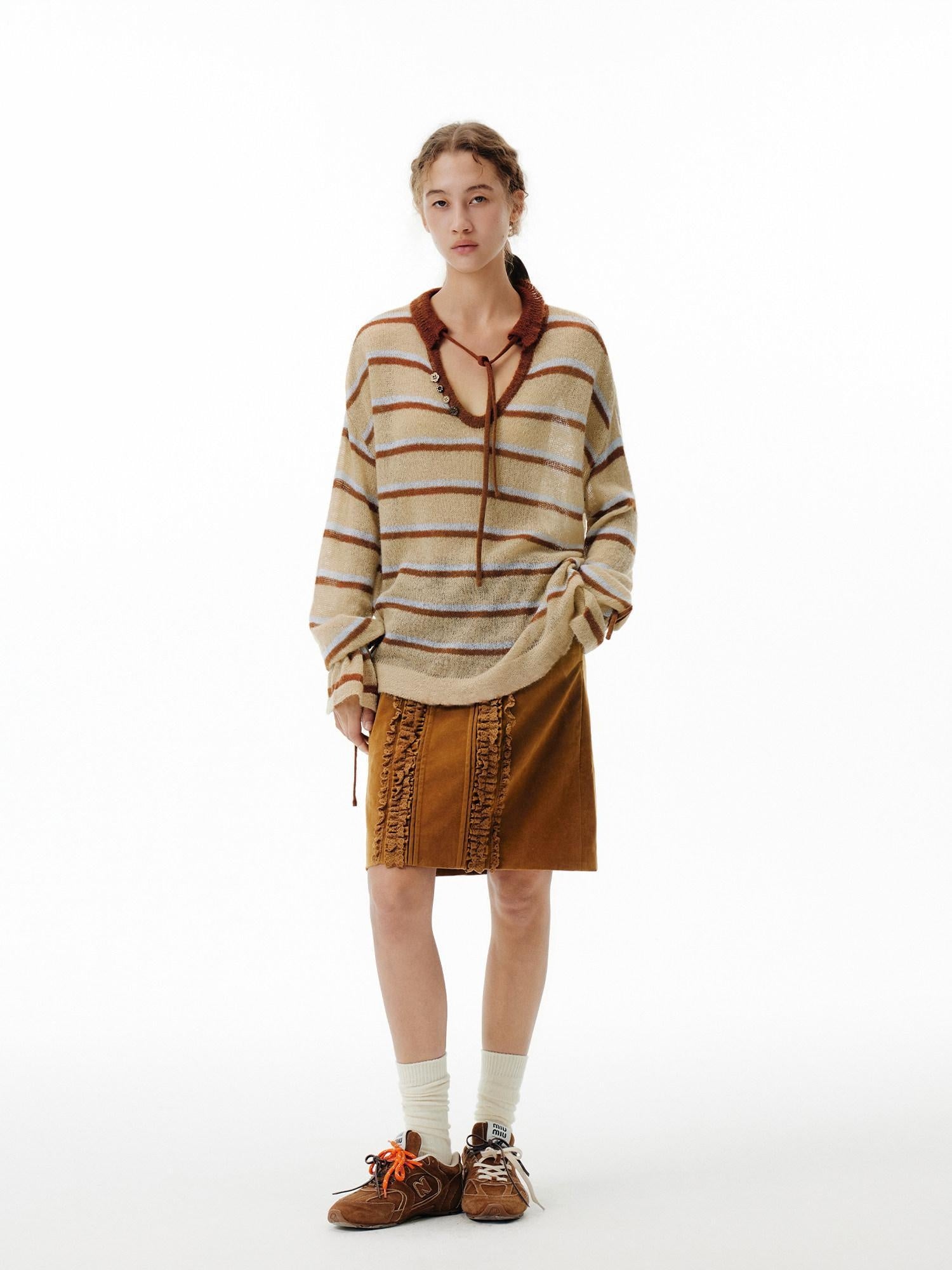 Outthe Blue Thermal V-neck Striped Pullover Office Long Sleeve Wool Mohair Knitwear
