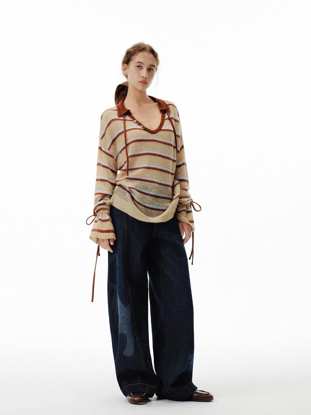 Outthe Blue Thermal V-neck Striped Pullover Office Long Sleeve Wool Mohair Knitwear