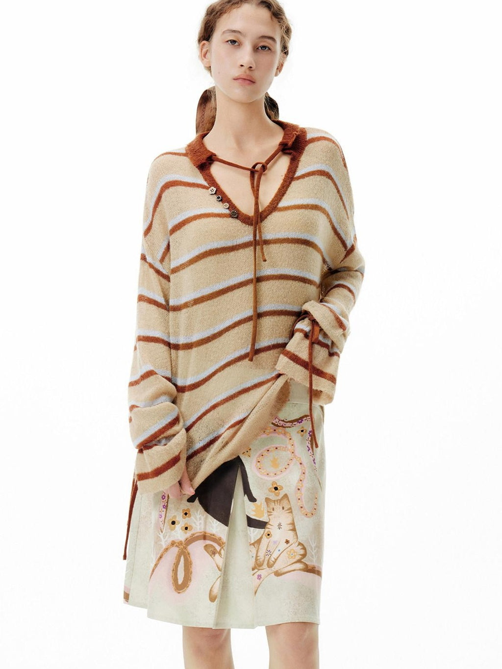 Outthe Blue Thermal V-neck Striped Pullover Office Long Sleeve Wool Mohair Knitwear
