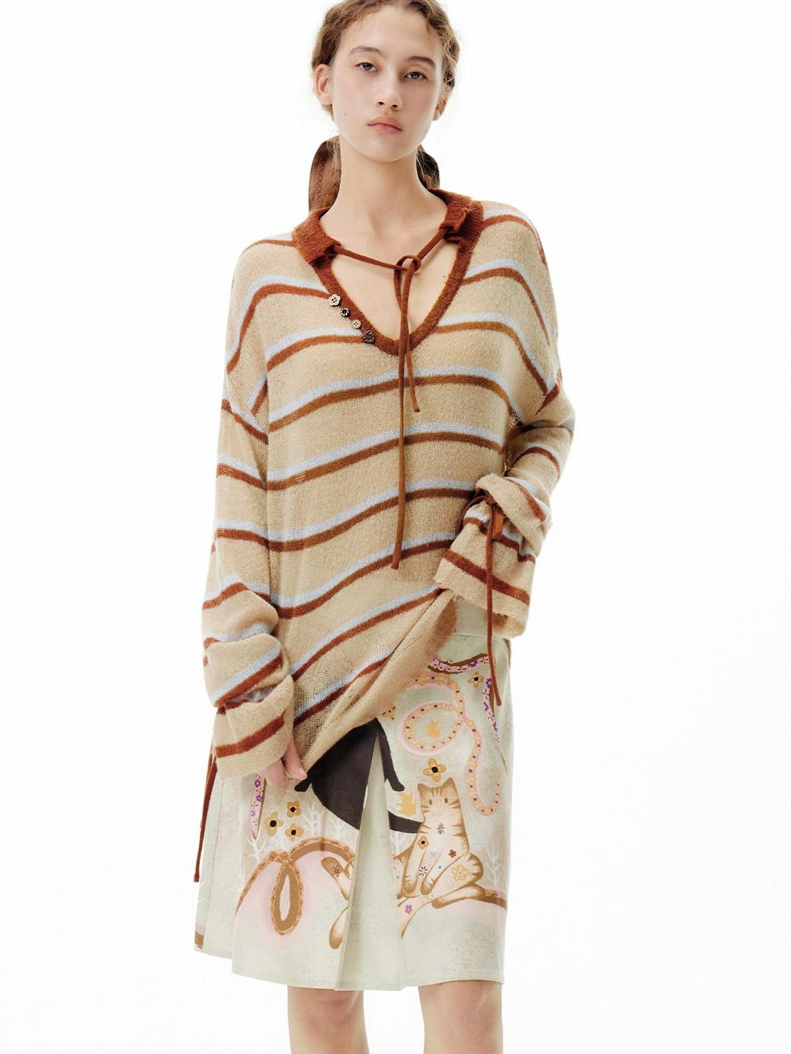 Outthe Blue Thermal V-neck Striped Pullover Office Long Sleeve Wool Mohair Knitwear