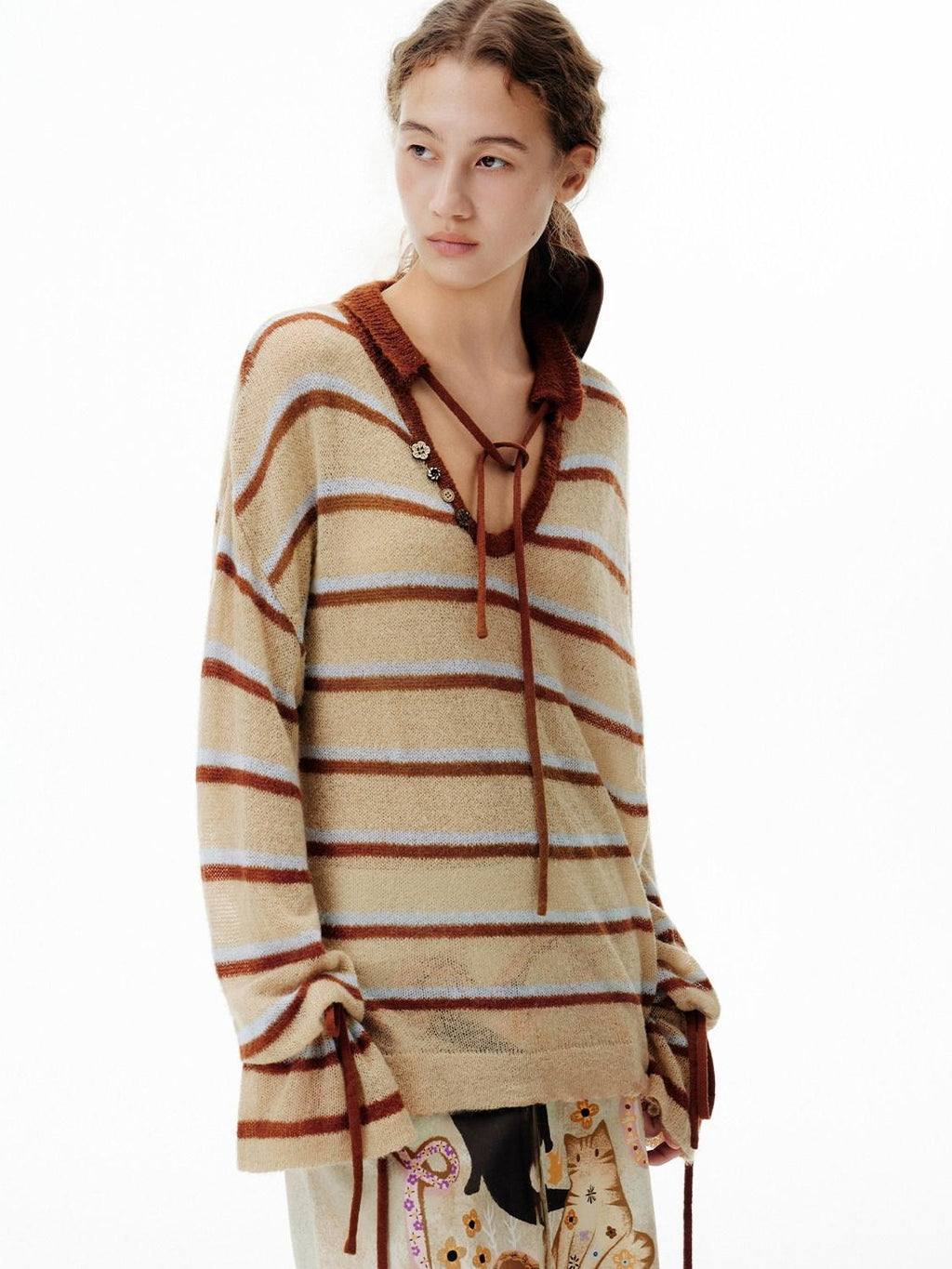 Outthe Blue Thermal V-neck Striped Pullover Office Long Sleeve Wool Mohair Knitwear