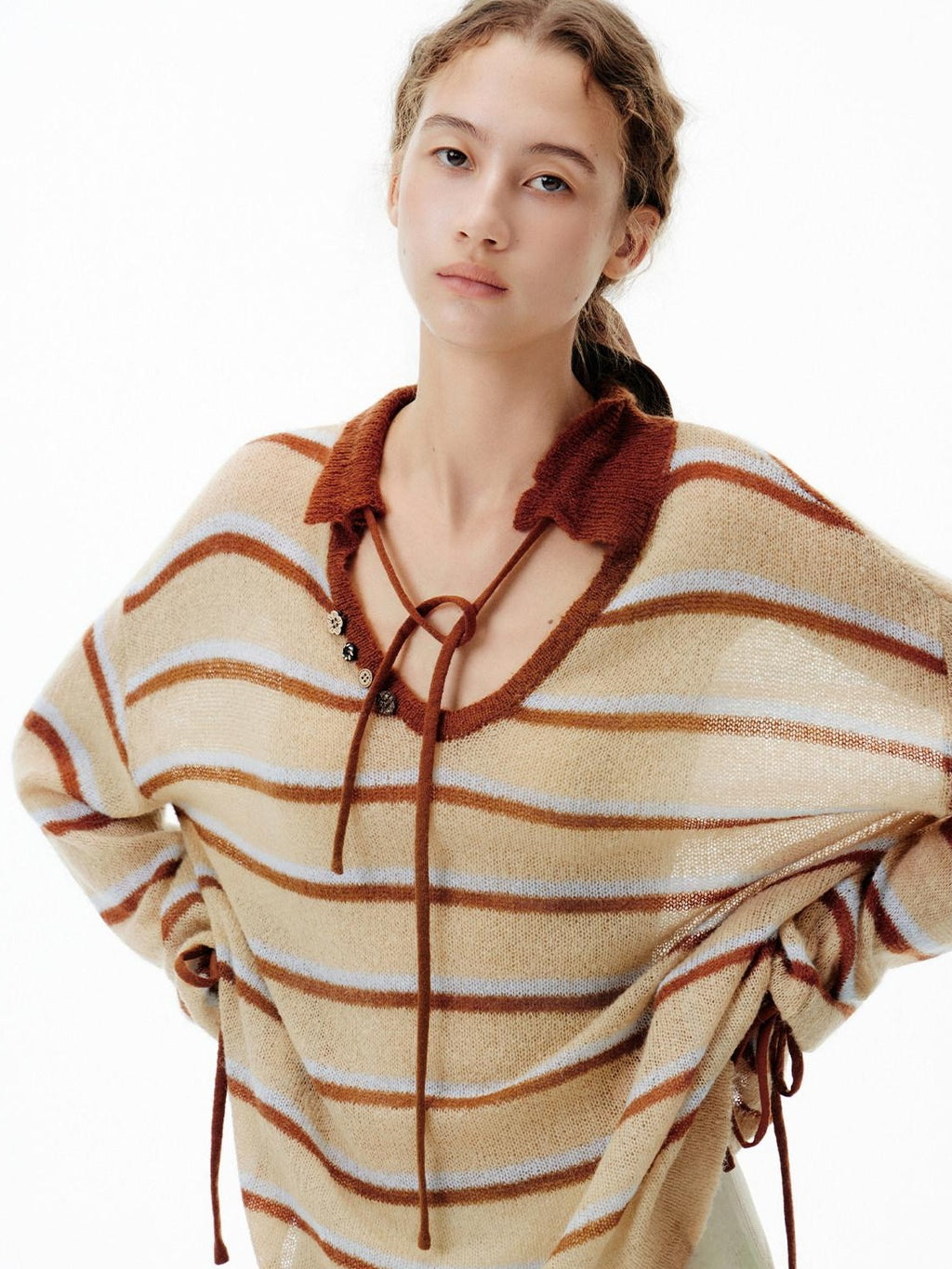 Outthe Blue Thermal V-neck Striped Pullover Office Long Sleeve Wool Mohair Knitwear